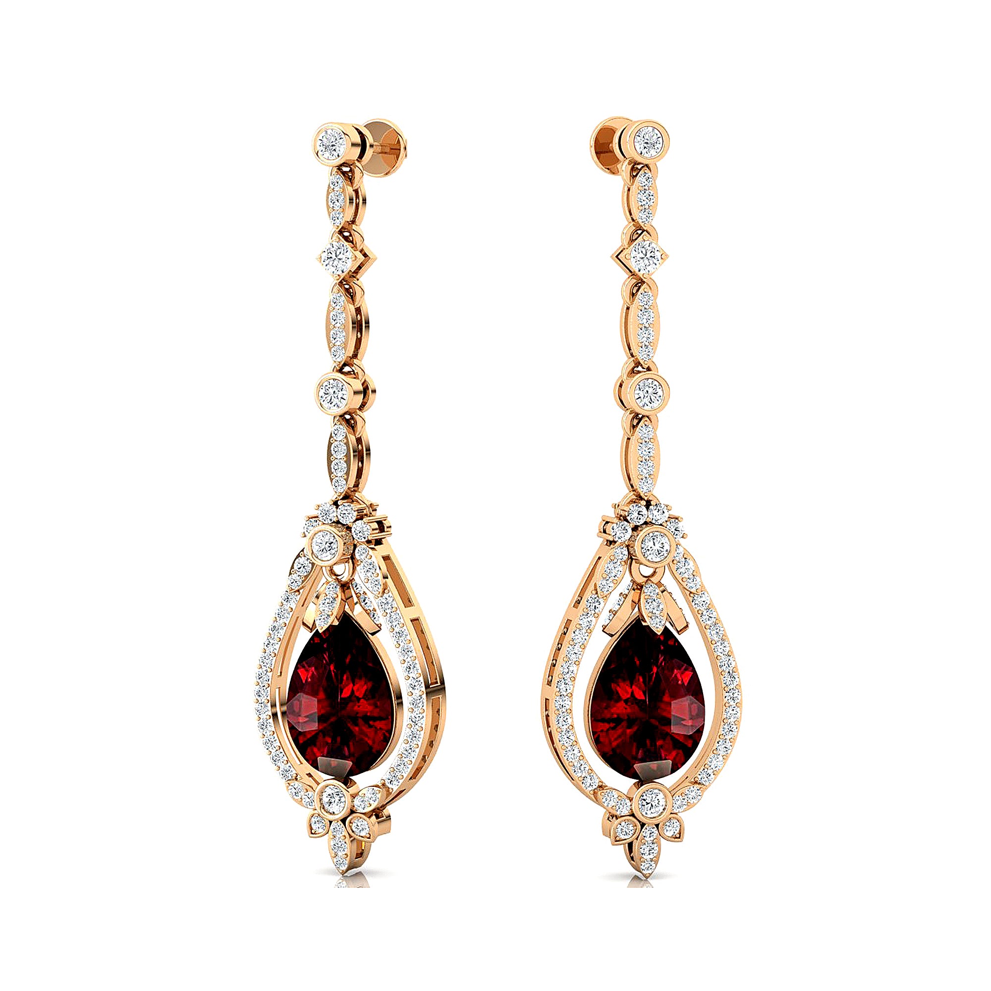 Art Deco Style Pear Shaped Garnet Diamond Drop Earrings - GeumJewels