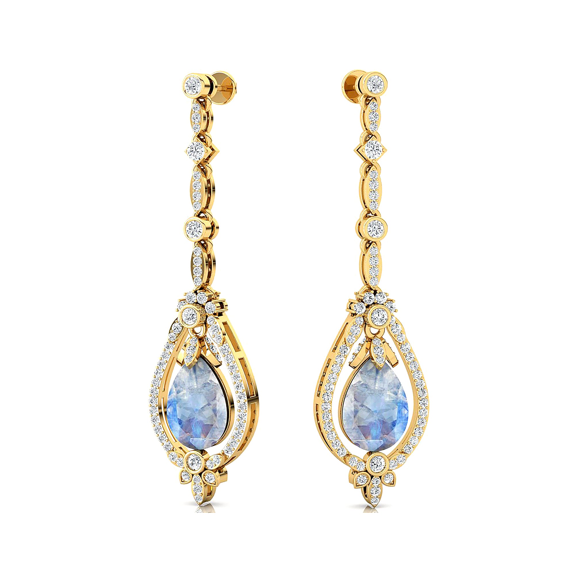 Art Deco Style Pear Shaped Moonstone Diamond Drop Earrings - GeumJewels