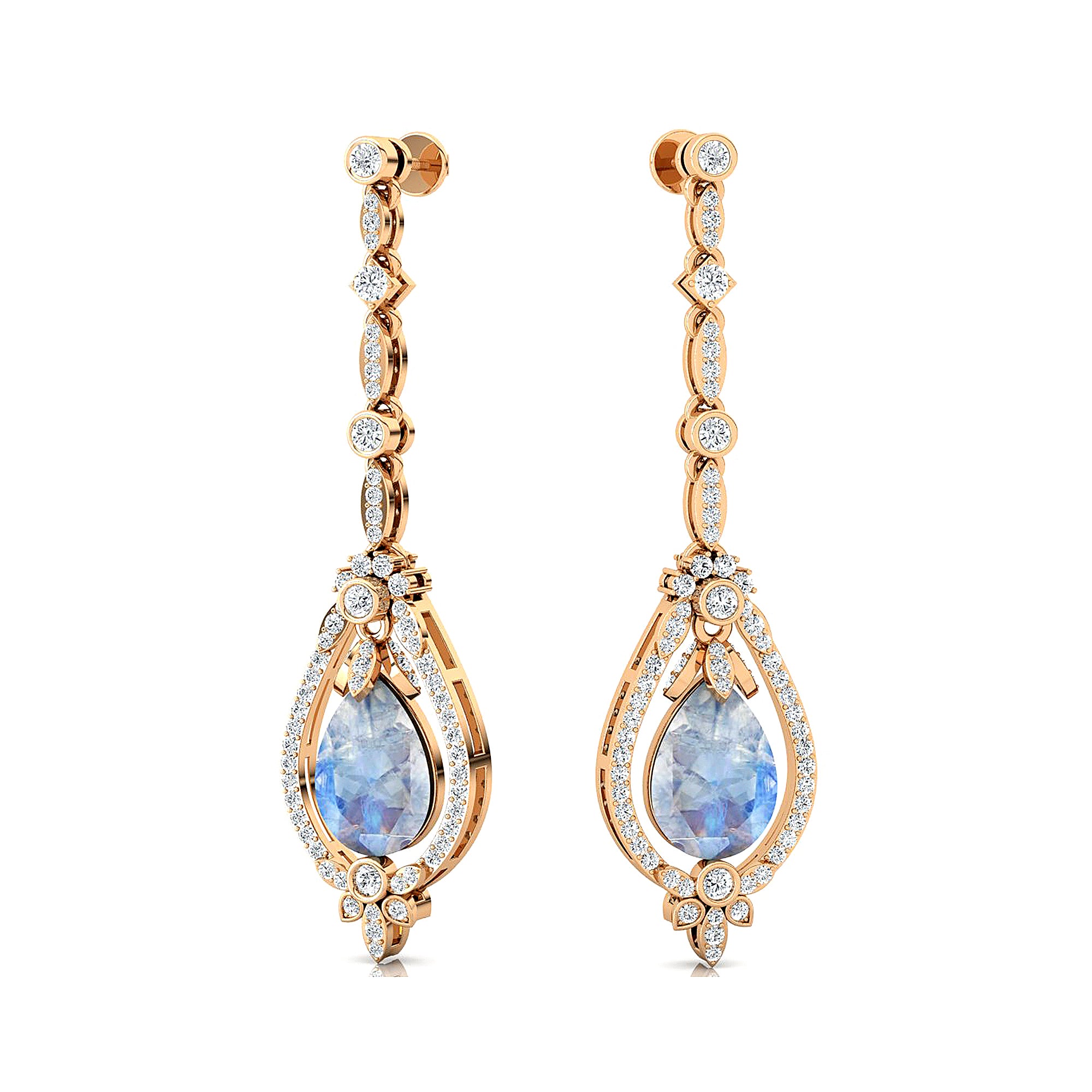 Art Deco Style Pear Shaped Moonstone Diamond Drop Earrings - GeumJewels