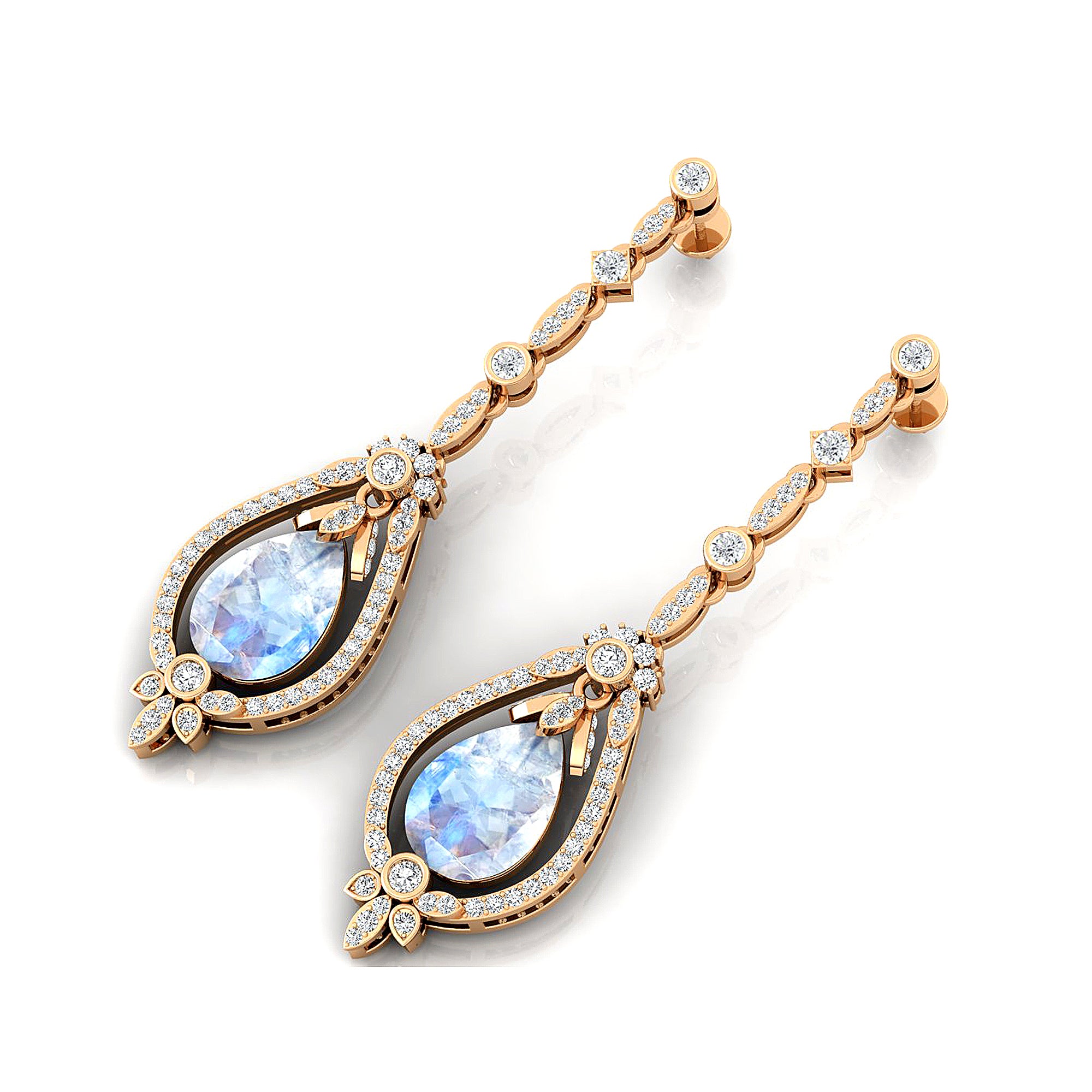 Art Deco Style Pear Shaped Moonstone Diamond Drop Earrings - GeumJewels