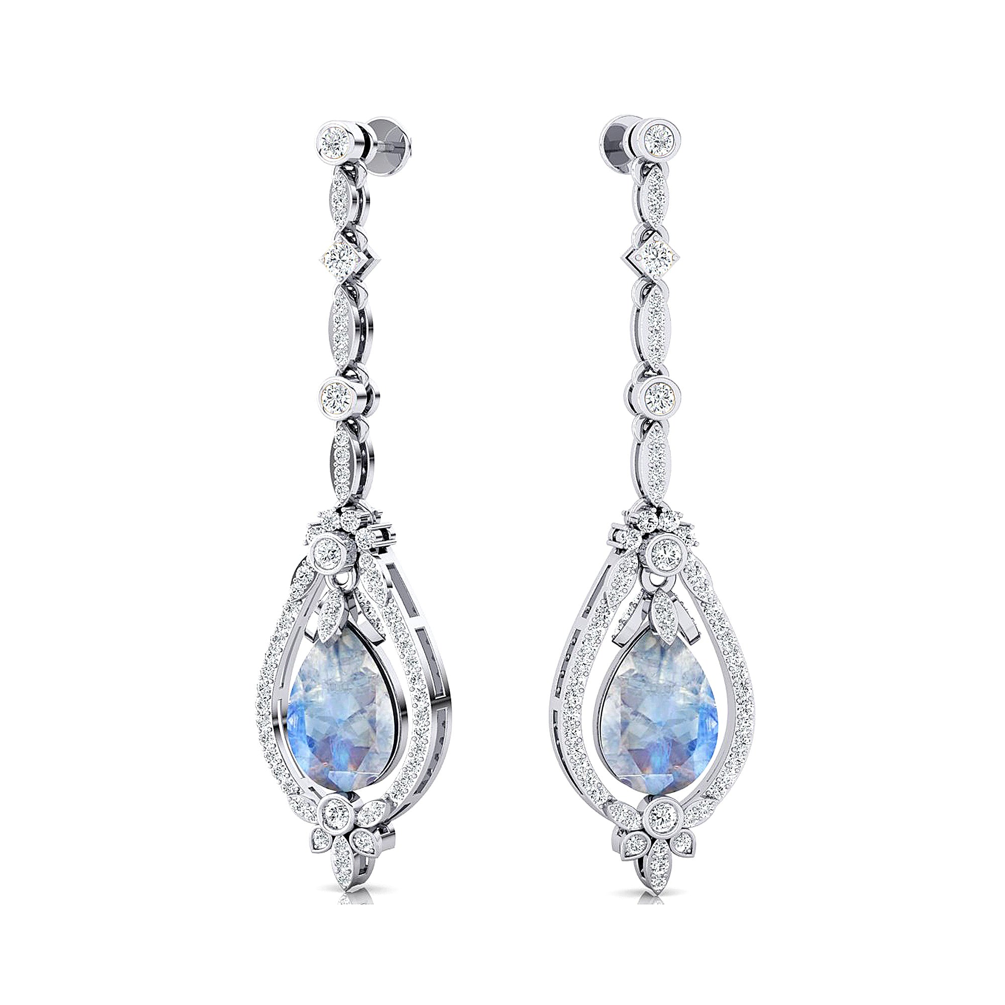 Art Deco Style Pear Shaped Moonstone Diamond Drop Earrings - GeumJewels