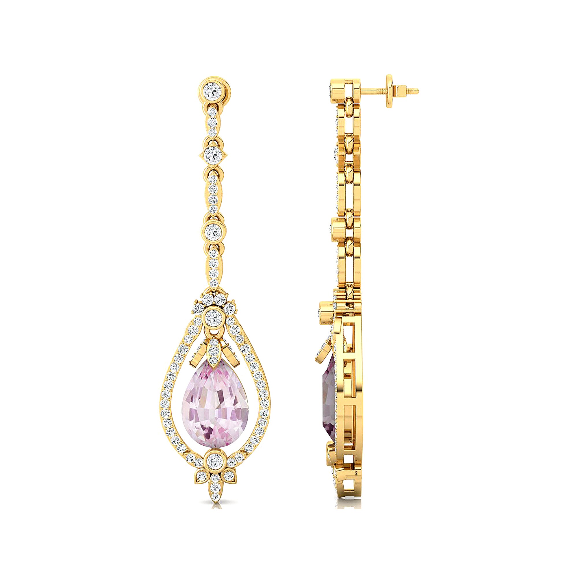 Art Deco Style Pear Shaped Morganite Diamond Drop Earrings - GeumJewels
