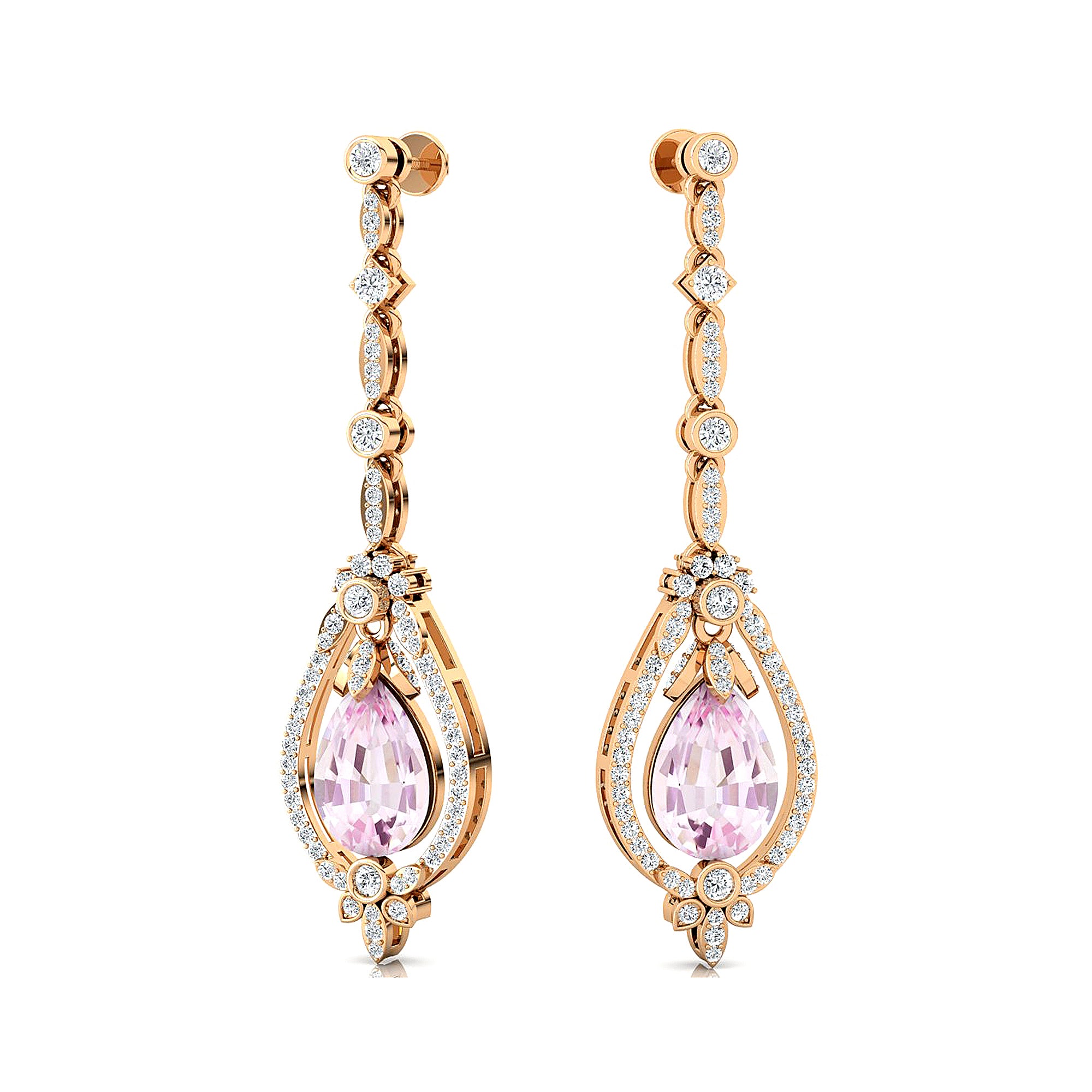Art Deco Style Pear Shaped Morganite Diamond Drop Earrings - GeumJewels