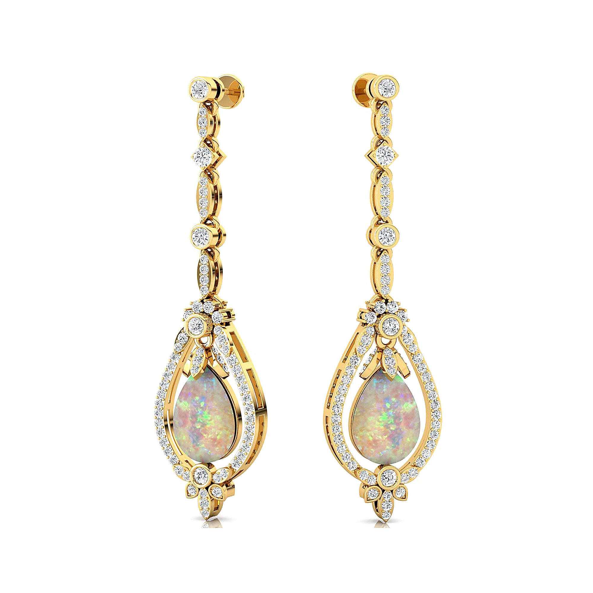 Art Deco Style Pear Shaped Opal Diamond Drop Earrings - GeumJewels