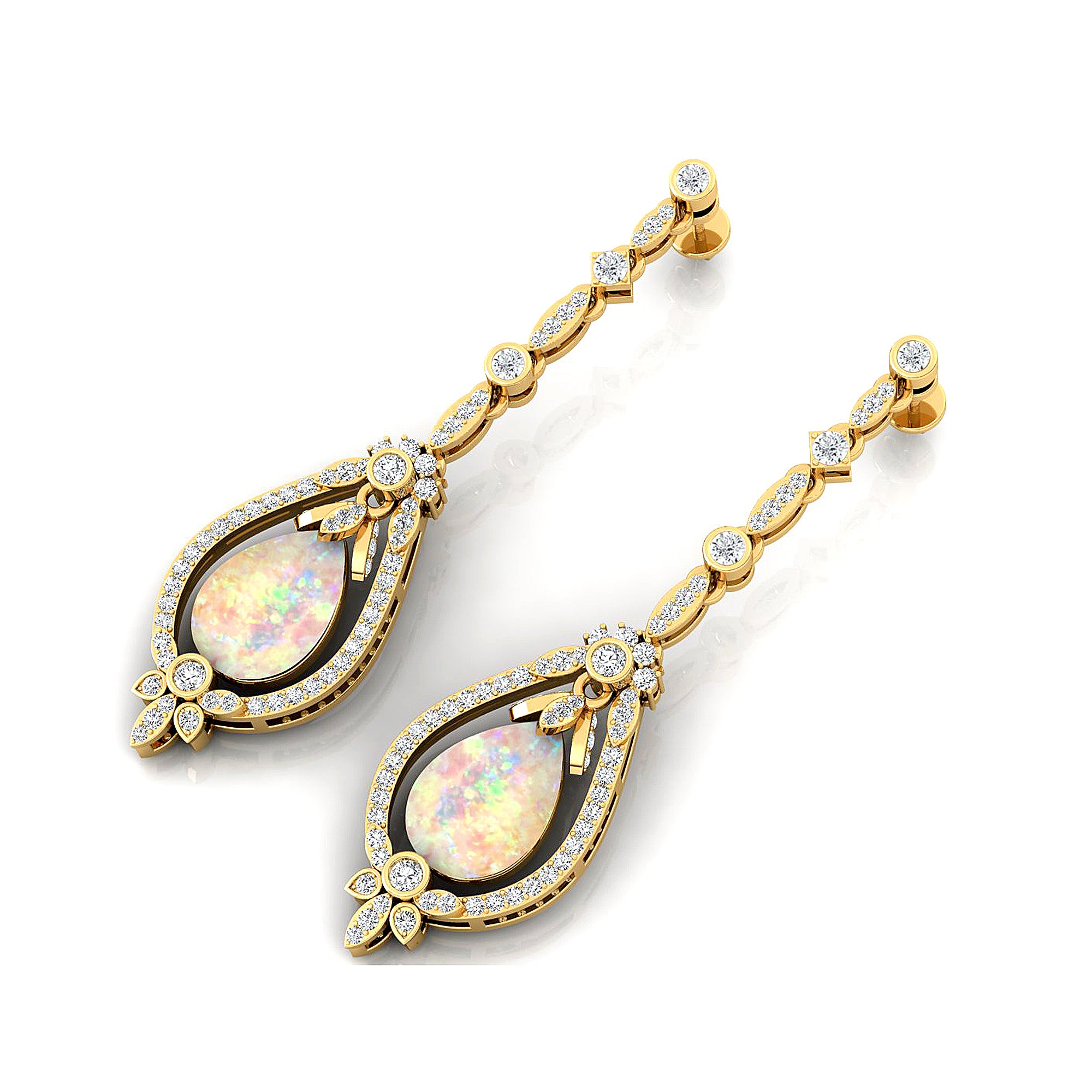 Art Deco Style Pear Shaped Opal Diamond Drop Earrings - GeumJewels