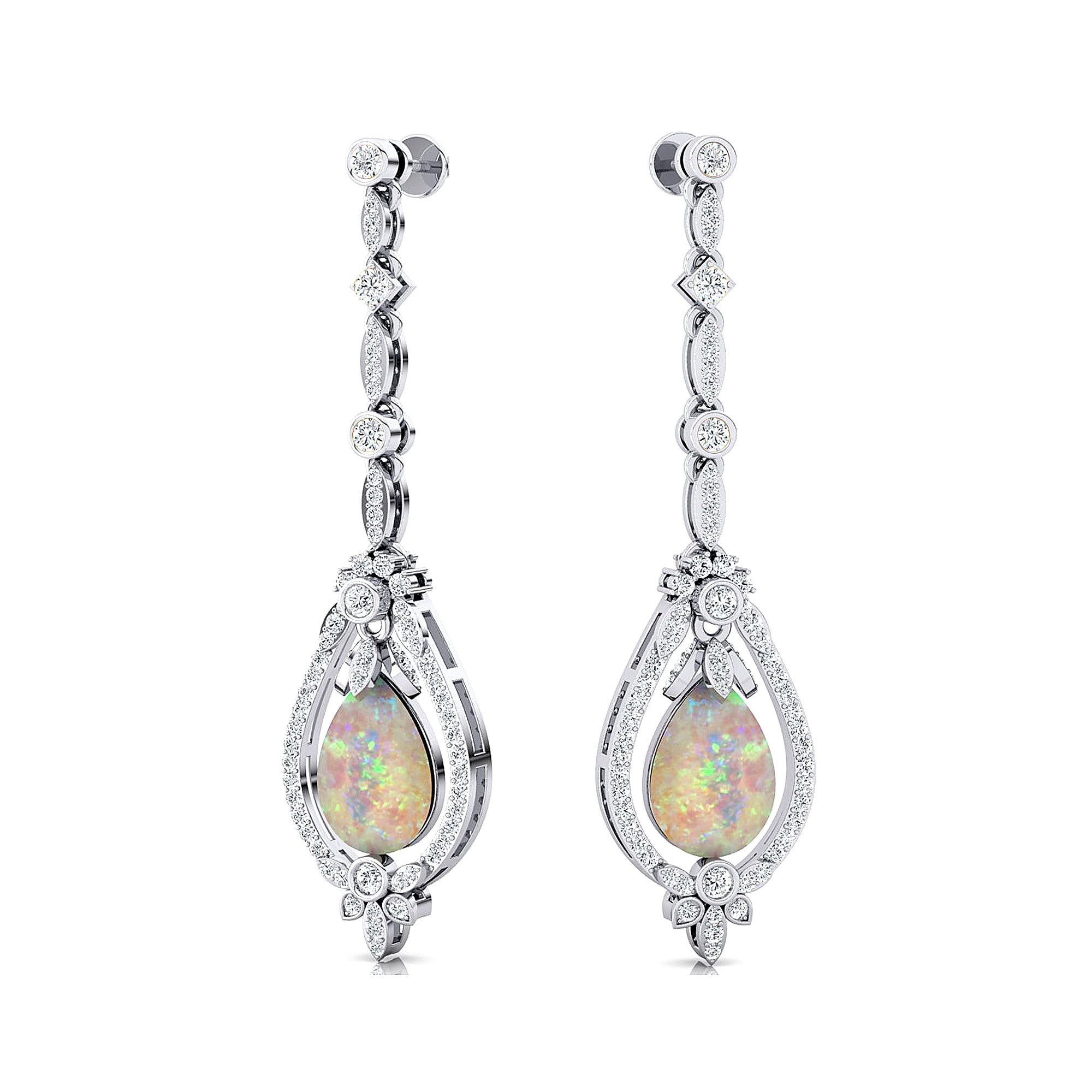 Art Deco Style Pear Shaped Opal Diamond Drop Earrings - GeumJewels