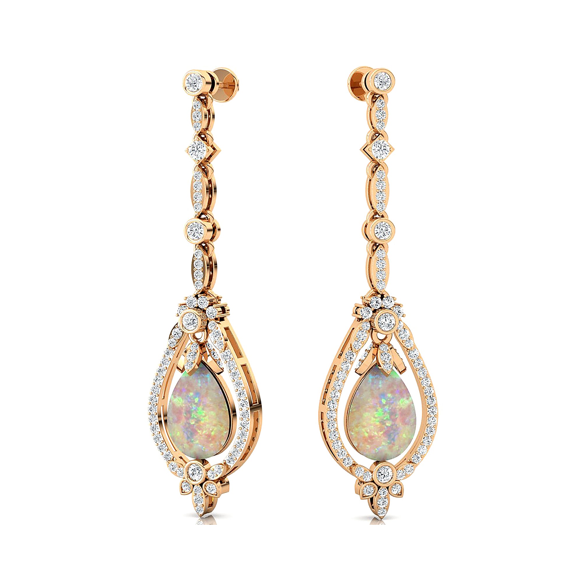 Art Deco Style Pear Shaped Opal Diamond Drop Earrings - GeumJewels
