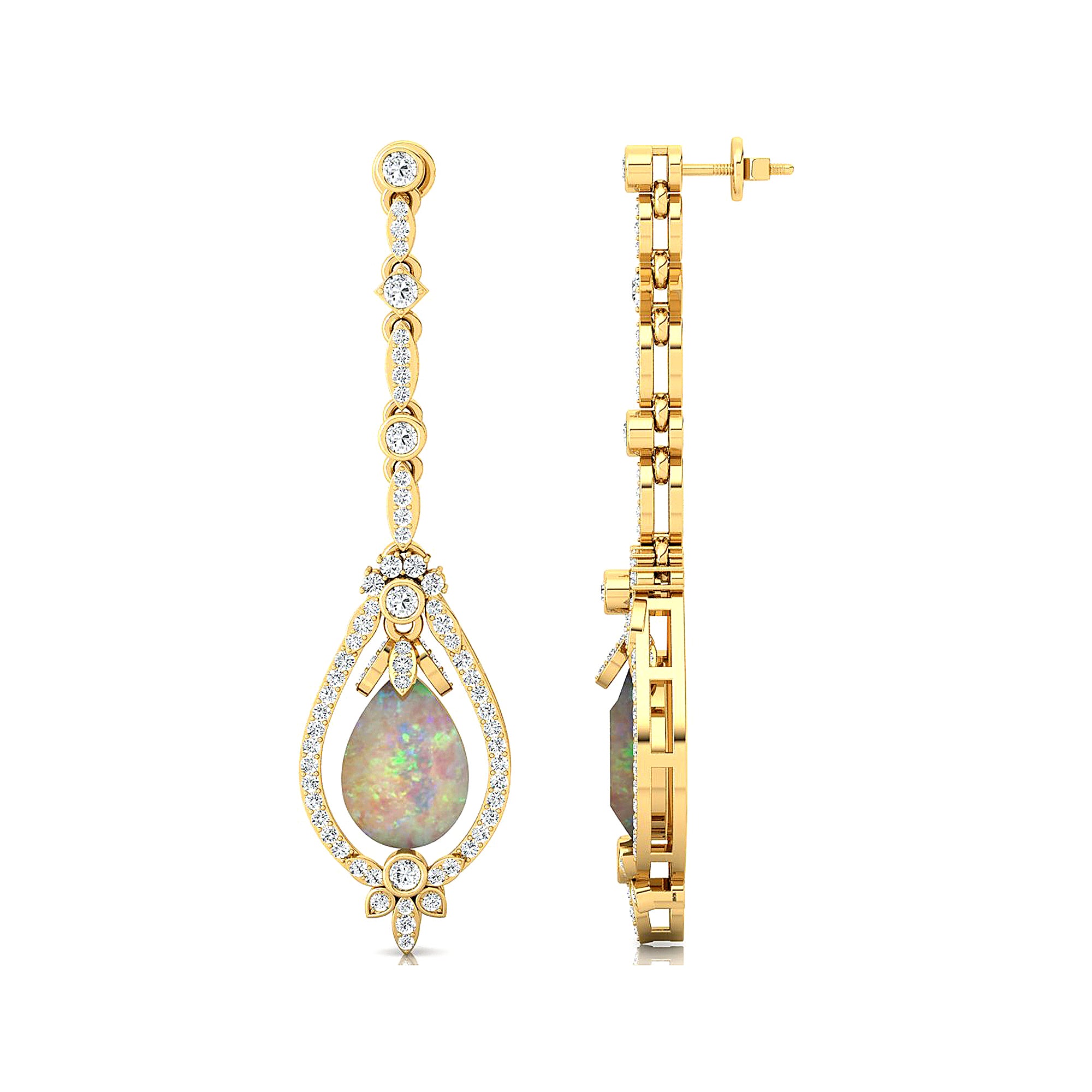 Art Deco Style Pear Shaped Opal Diamond Drop Earrings - GeumJewels