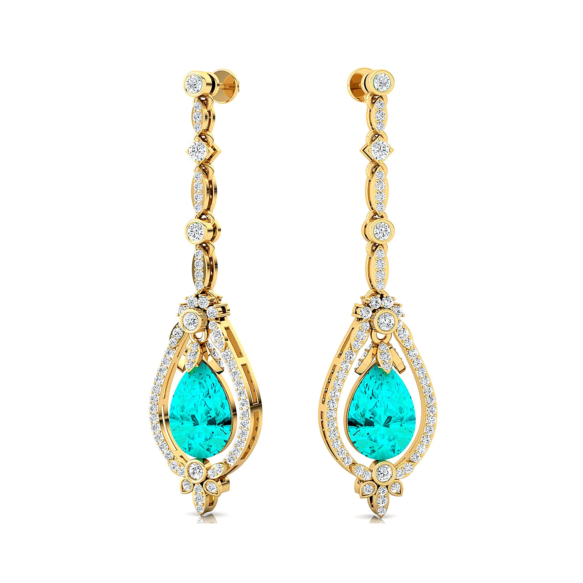 Art Deco Style Pear Shaped Paraiba Tourmaline Diamond Drop Earrings - GeumJewels