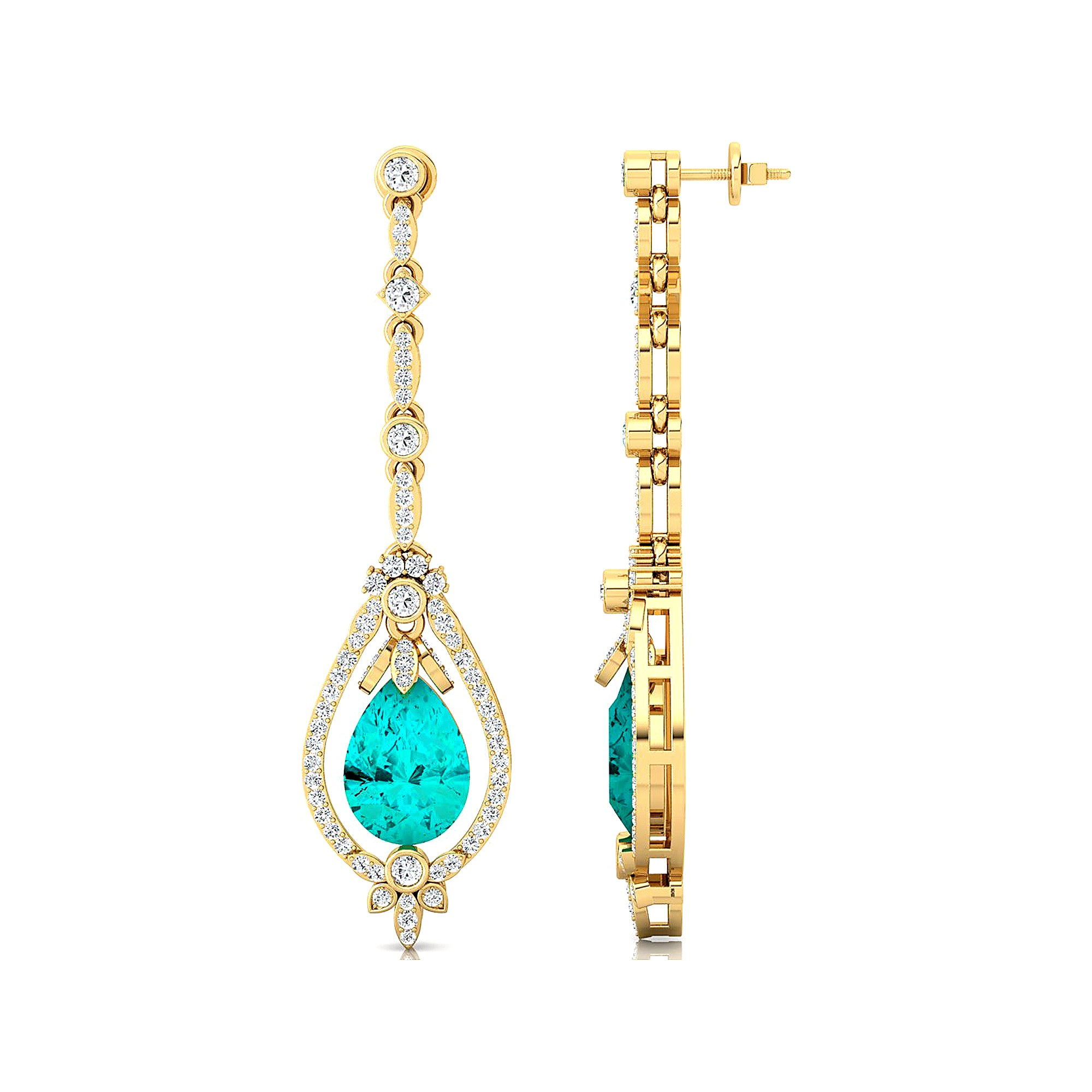 Art Deco Style Pear Shaped Paraiba Tourmaline Diamond Drop Earrings - GeumJewels