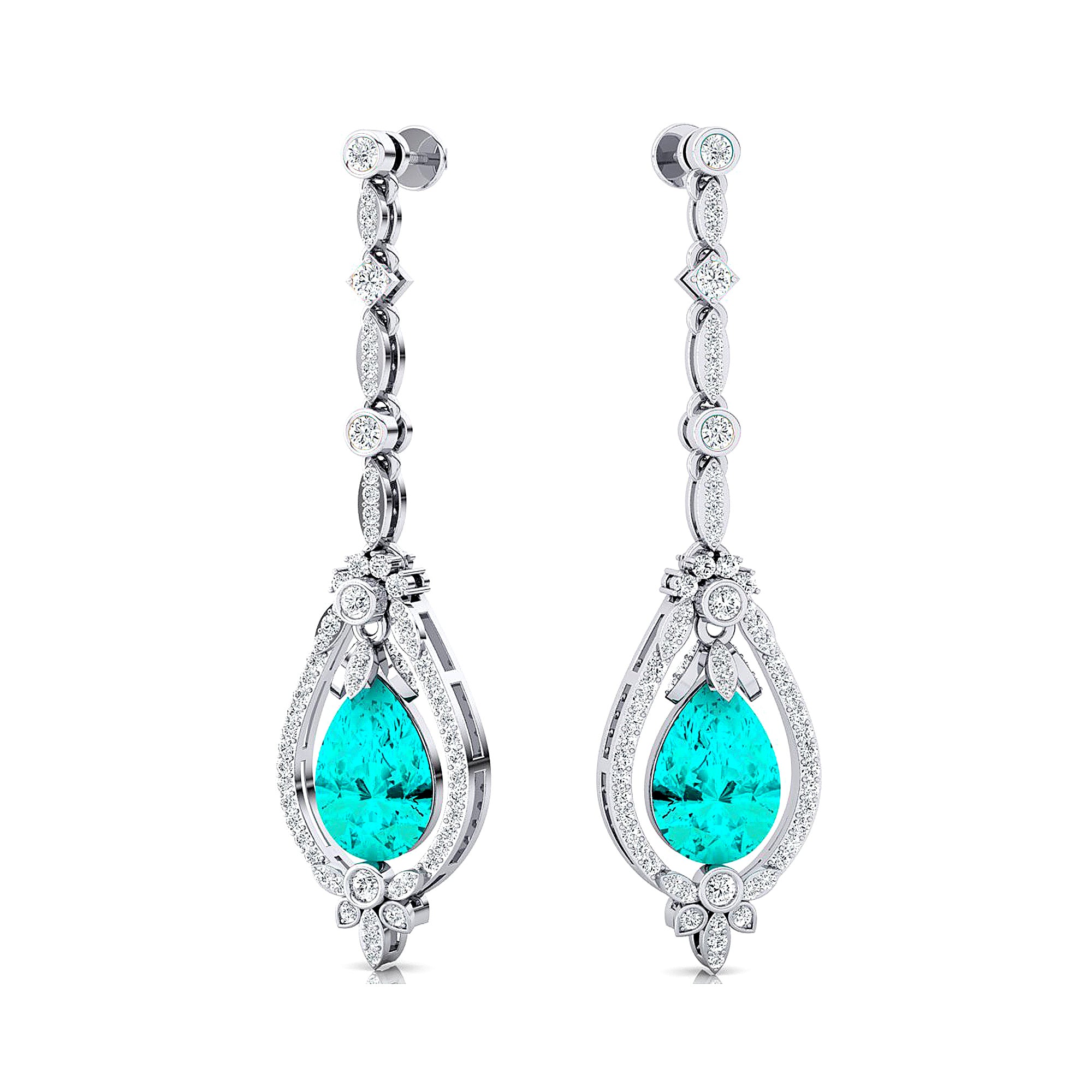 Art Deco Style Pear Shaped Paraiba Tourmaline Diamond Drop Earrings - GeumJewels
