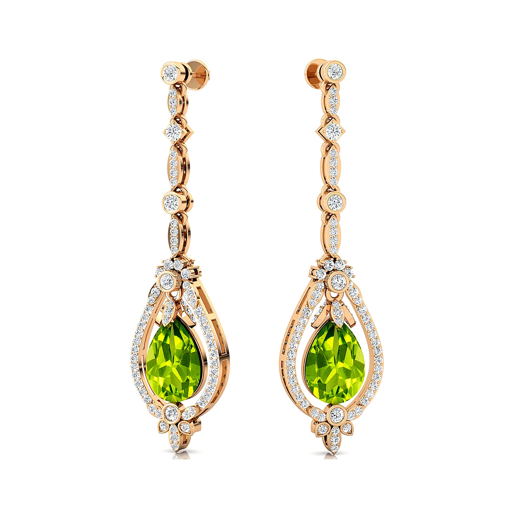 Art Deco Style Pear Shaped Peridot Diamond Drop Earrings - GeumJewels