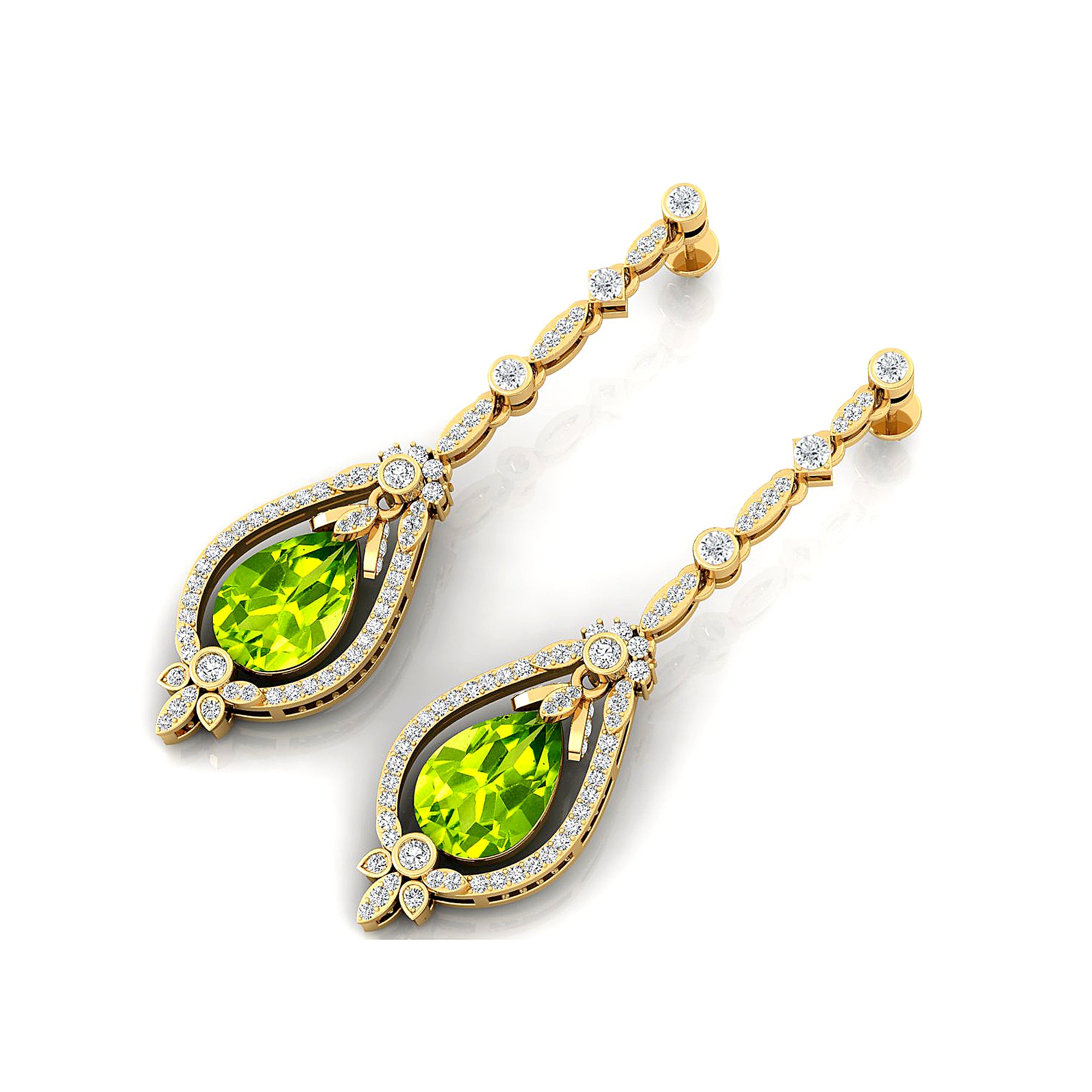 Art Deco Style Pear Shaped Peridot Diamond Drop Earrings - GeumJewels