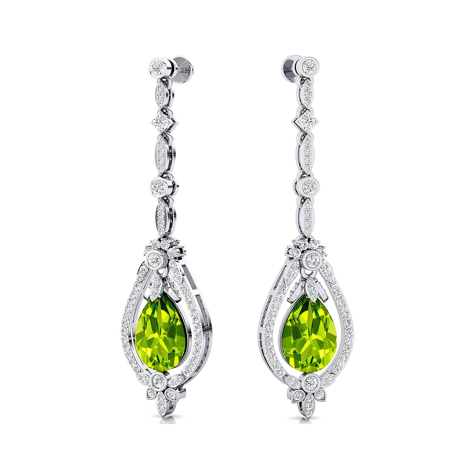 Art Deco Style Pear Shaped Peridot Diamond Drop Earrings - GeumJewels