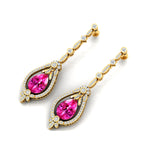 Art Deco Style Pear Shaped Pink Sapphire Diamond Drop Earrings - GeumJewels