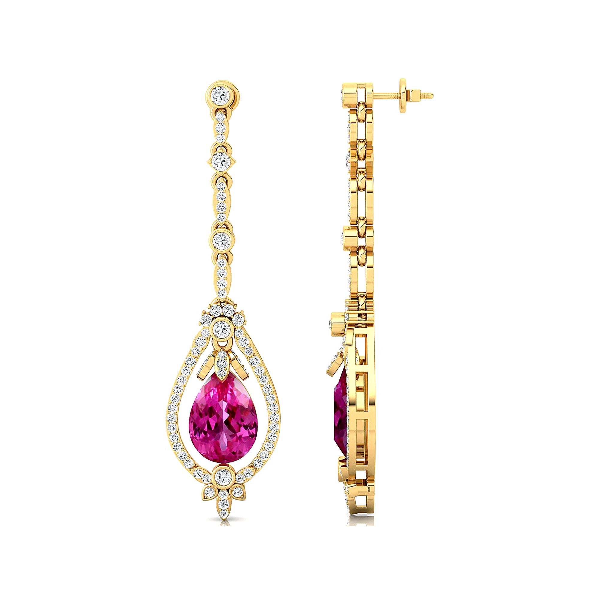 Art Deco Style Pear Shaped Pink Sapphire Diamond Drop Earrings - GeumJewels