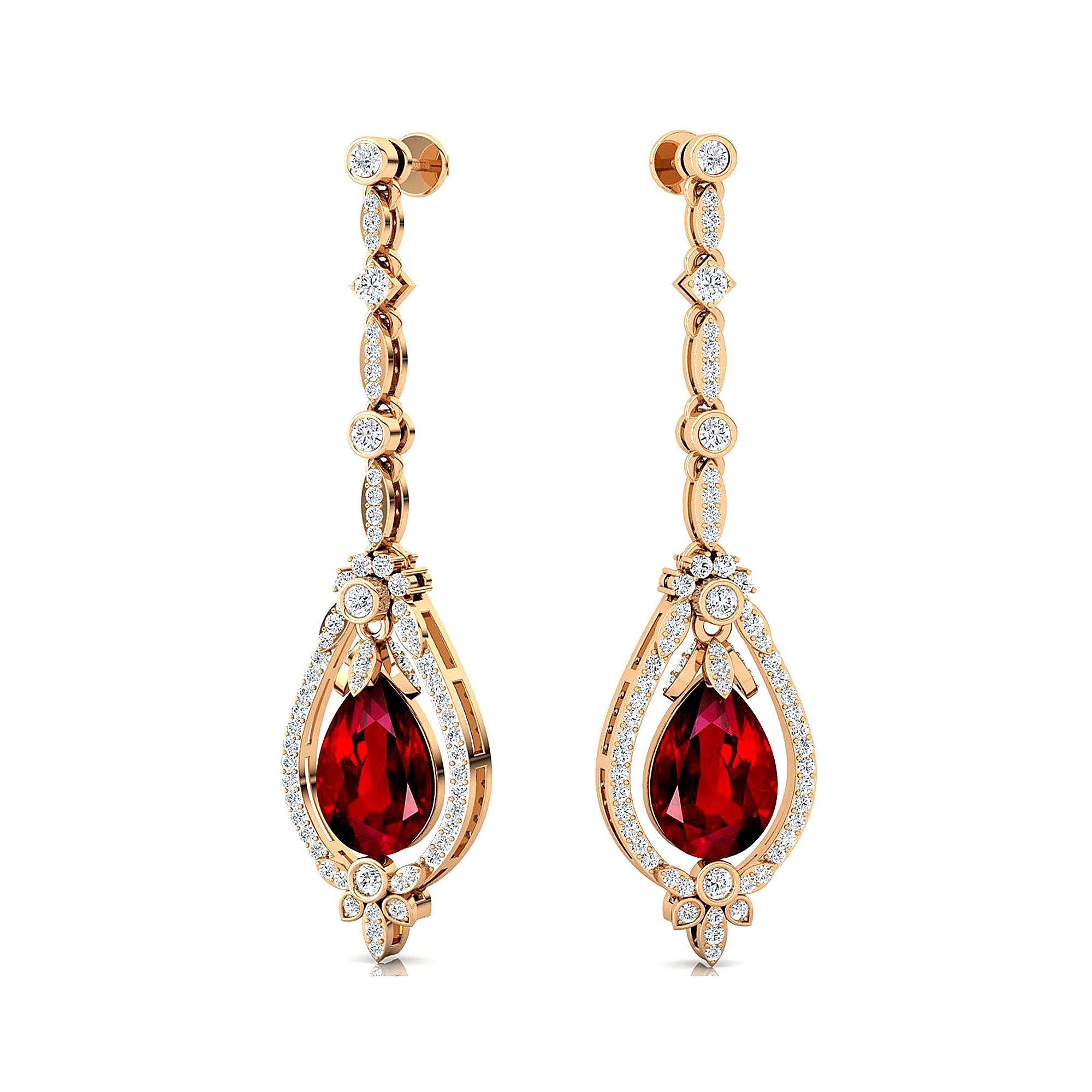 Art Deco Style Pear Shaped Ruby Diamond Drop Earrings - GeumJewels