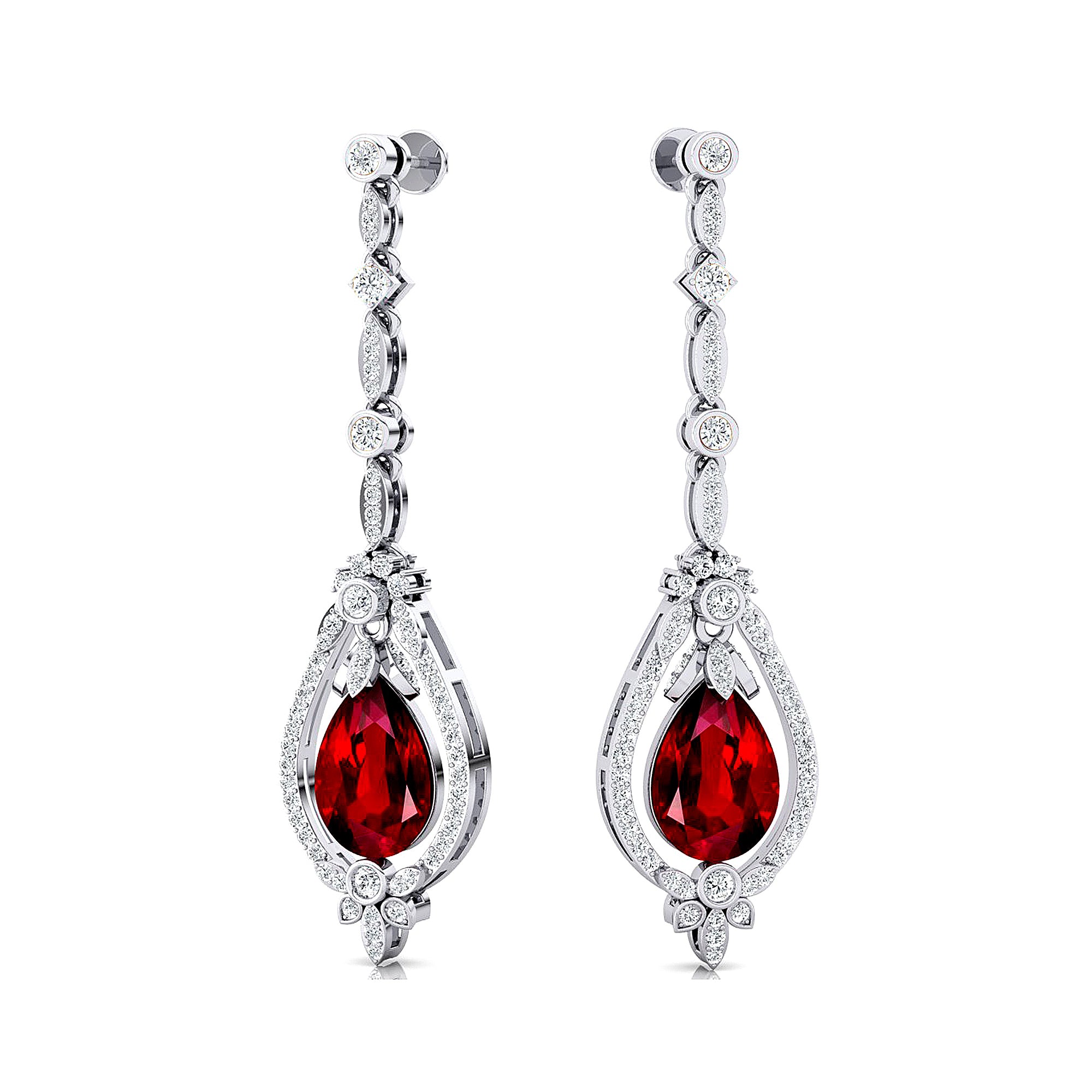 Art Deco Style Pear Shaped Ruby Diamond Drop Earrings - GeumJewels