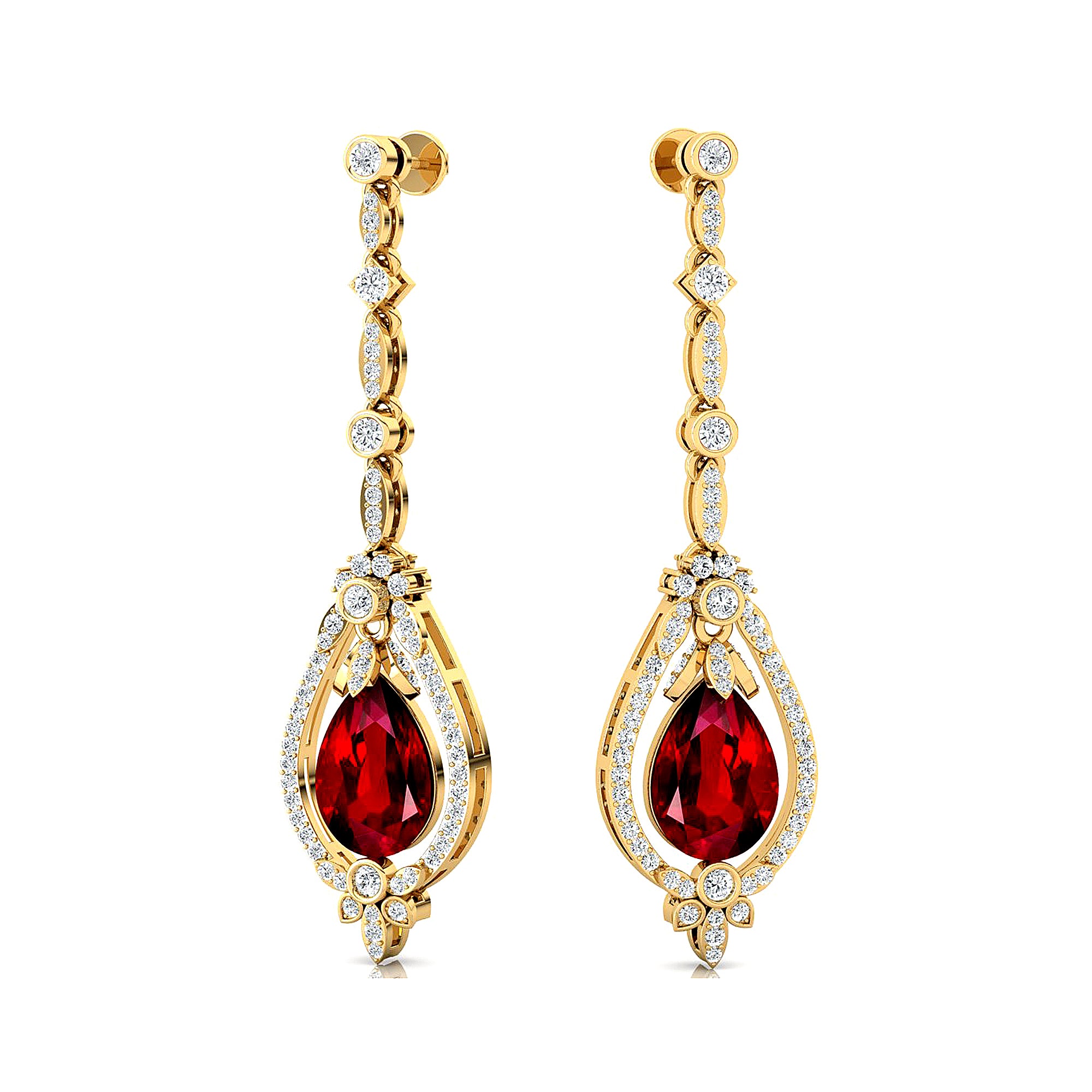 Art Deco Style Pear Shaped Ruby Diamond Drop Earrings - GeumJewels