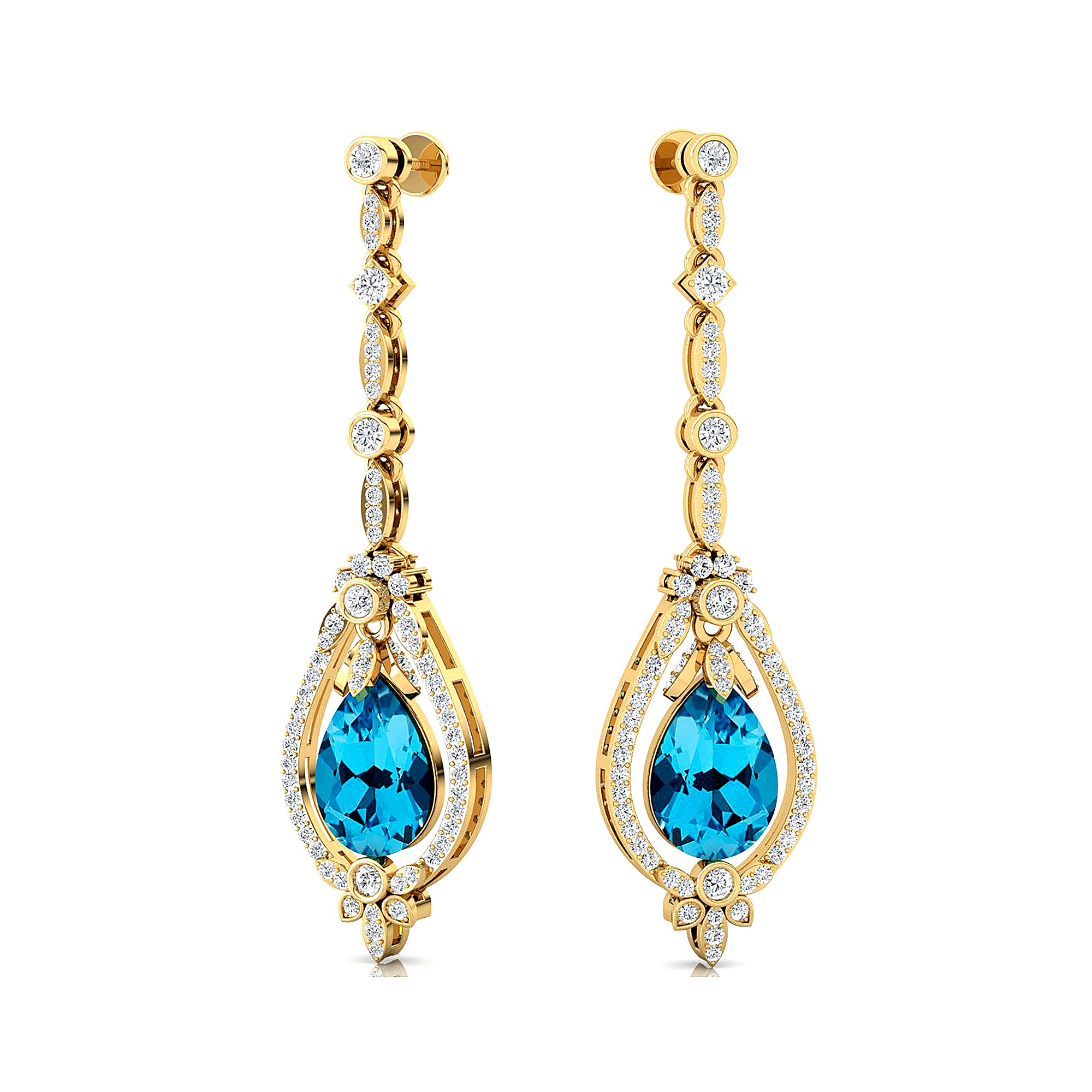 Art Deco Style Pear Shaped Swiss Blue Topaz Diamond Drop Earrings - GeumJewels