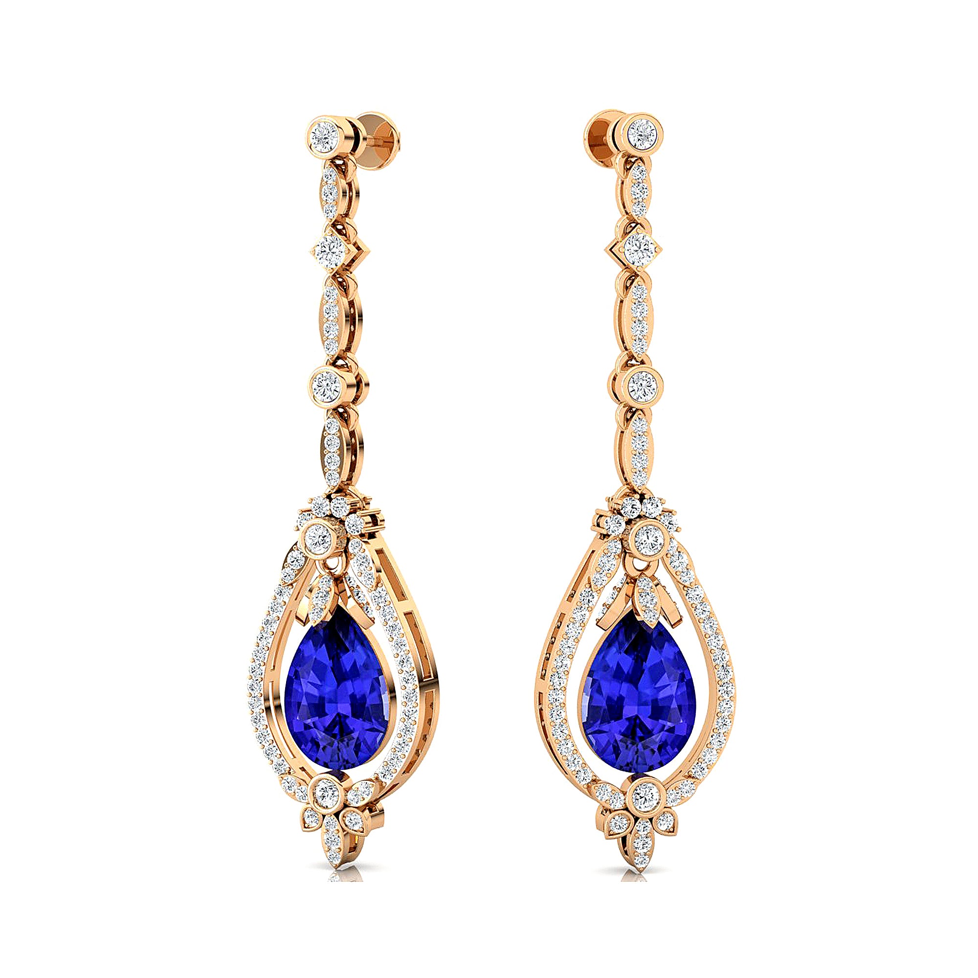 Art Deco Style Pear Shaped Tanzanite Diamond Drop Earrings - GeumJewels
