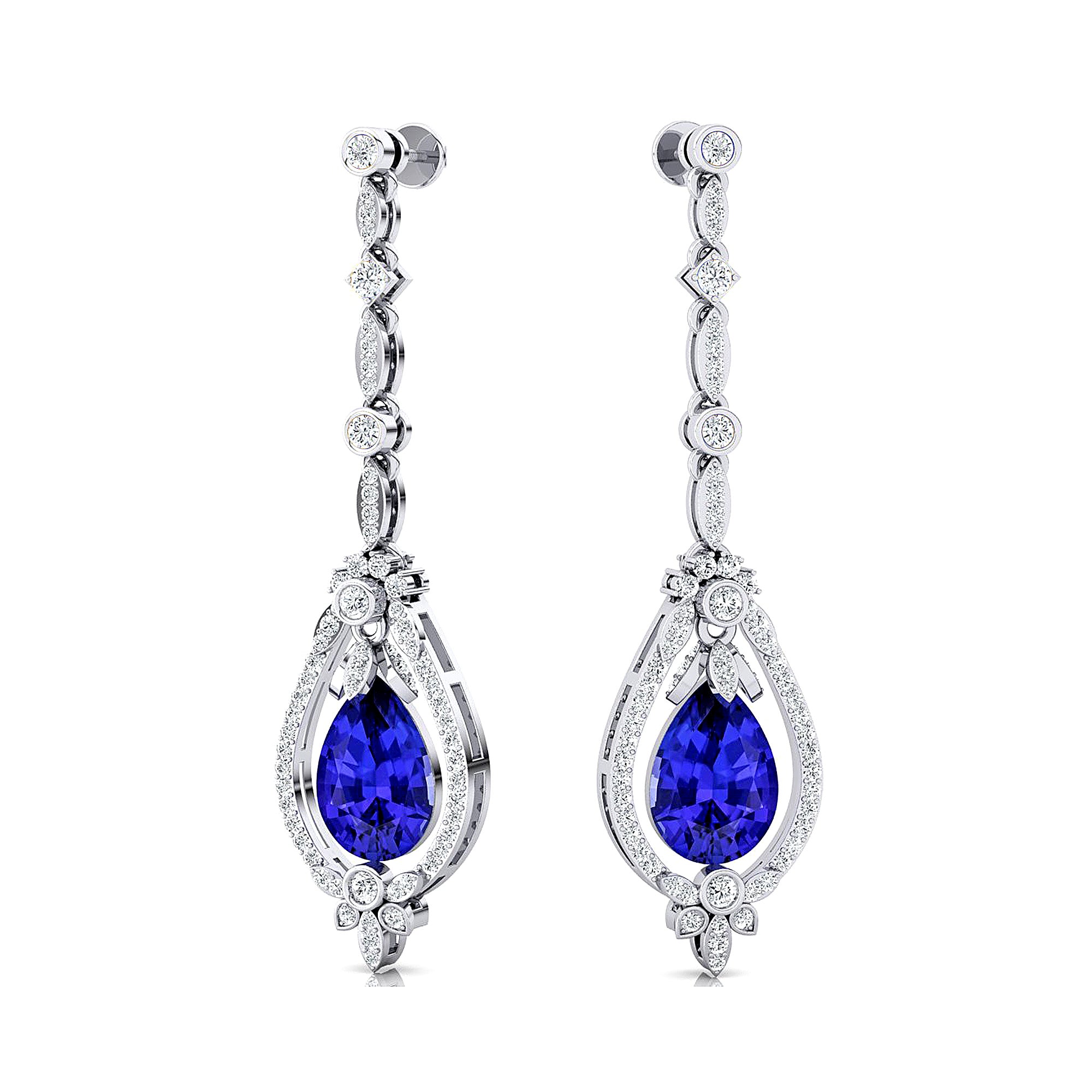 Art Deco Style Pear Shaped Tanzanite Diamond Drop Earrings - GeumJewels