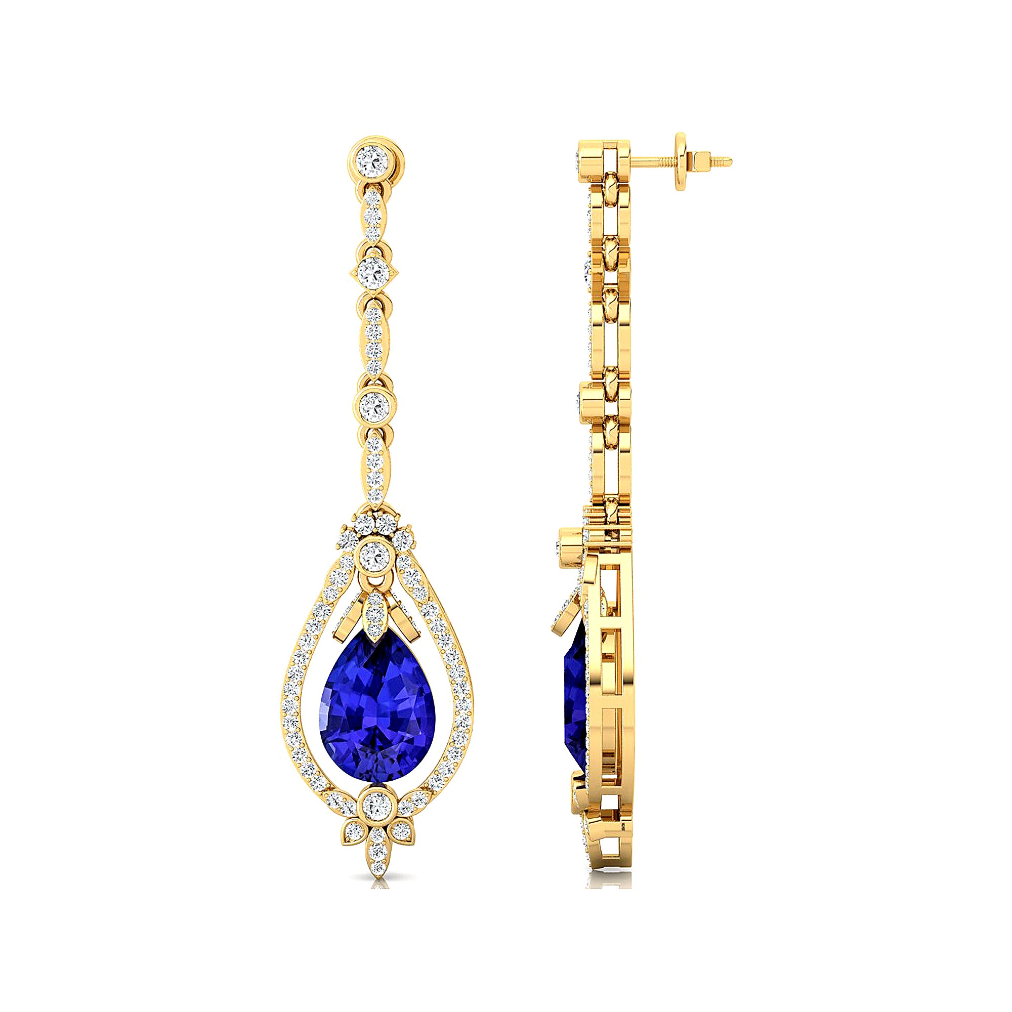 Art Deco Style Pear Shaped Tanzanite Diamond Drop Earrings - GeumJewels
