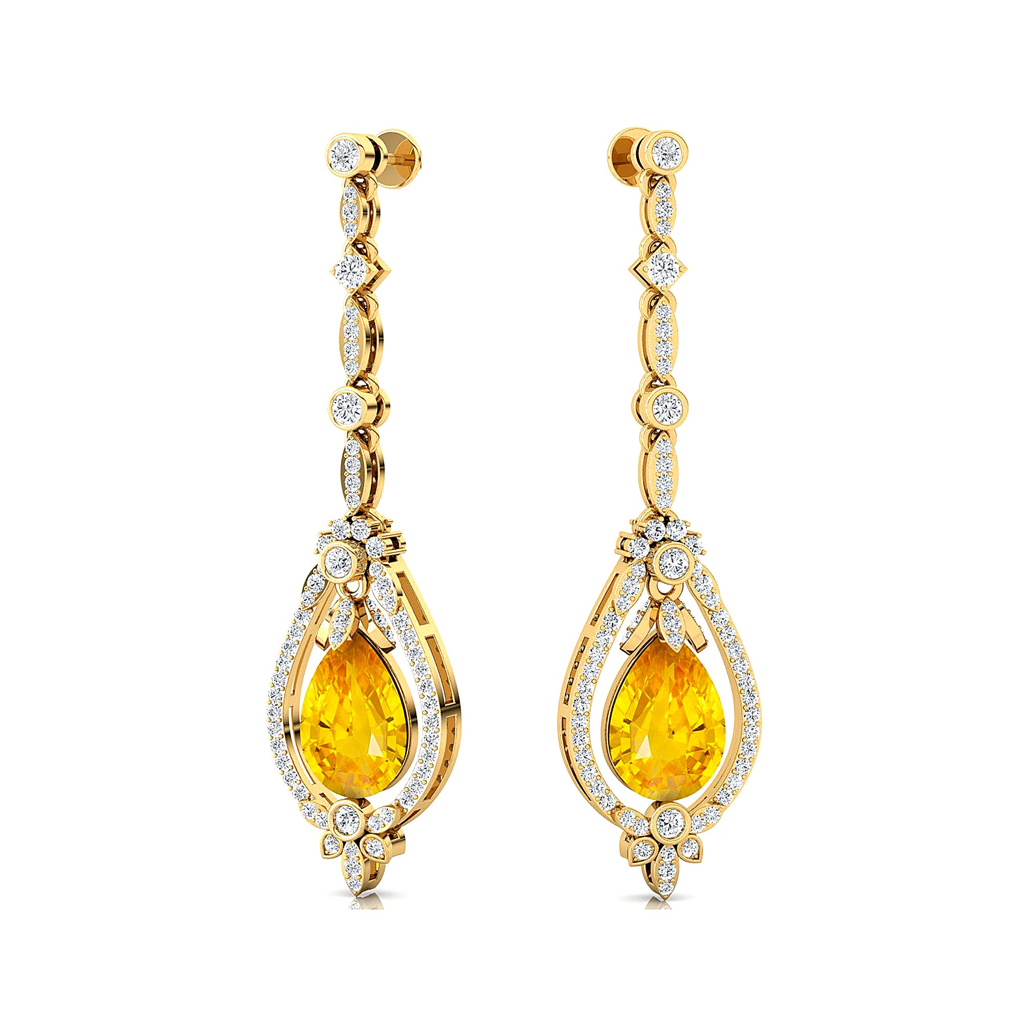 Art Deco Style Pear Shaped Yellow Sapphire Diamond Drop Earrings - GeumJewels
