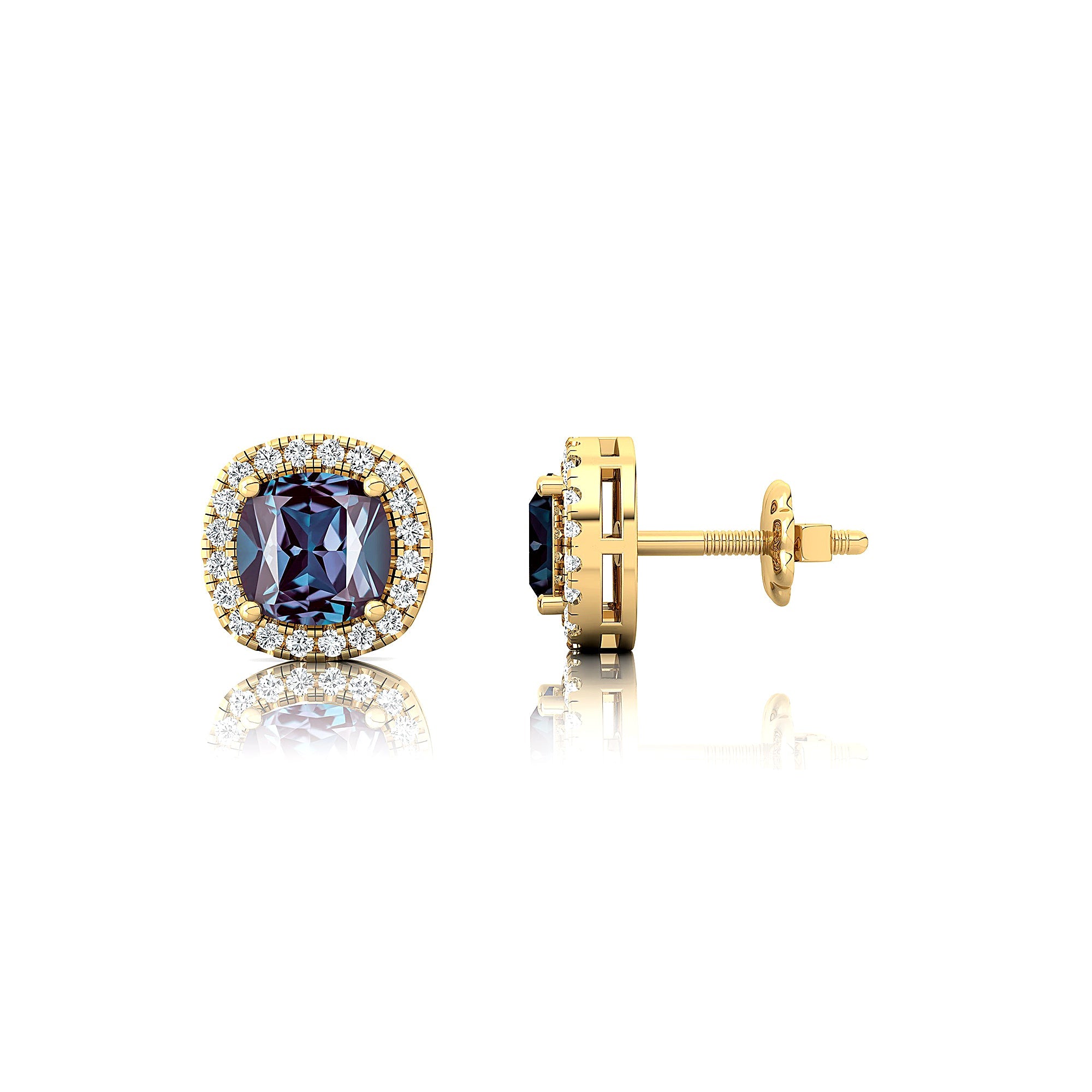 Cushion Cut Alexandrite Halo Diamond Stud Earrings - GeumJewels