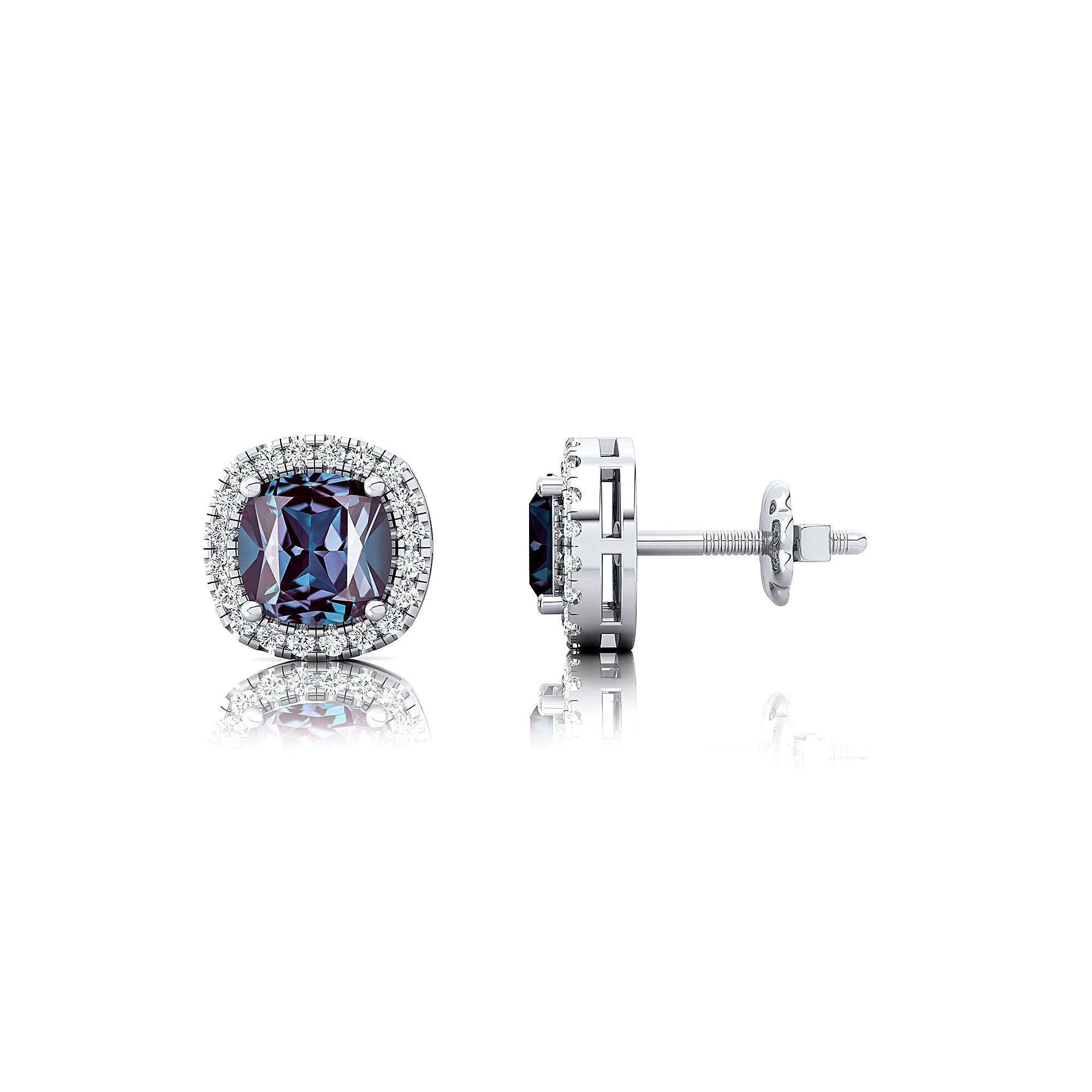 Cushion Cut Alexandrite Halo Diamond Stud Earrings - GeumJewels