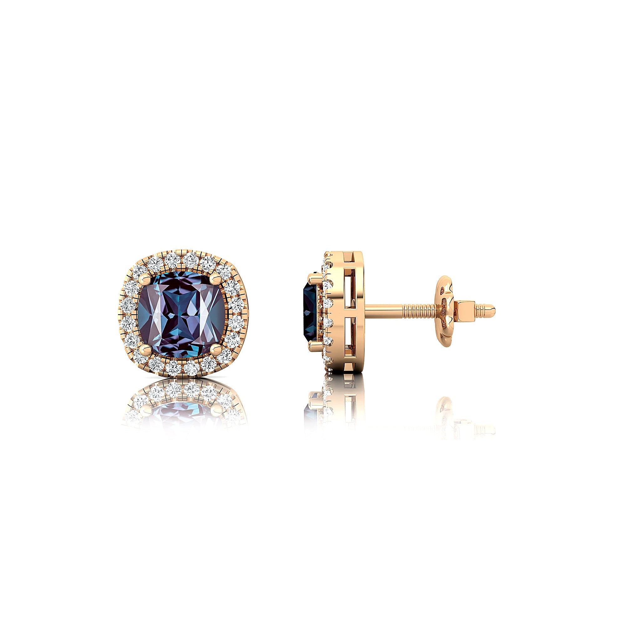 Cushion Cut Alexandrite Halo Diamond Stud Earrings - GeumJewels