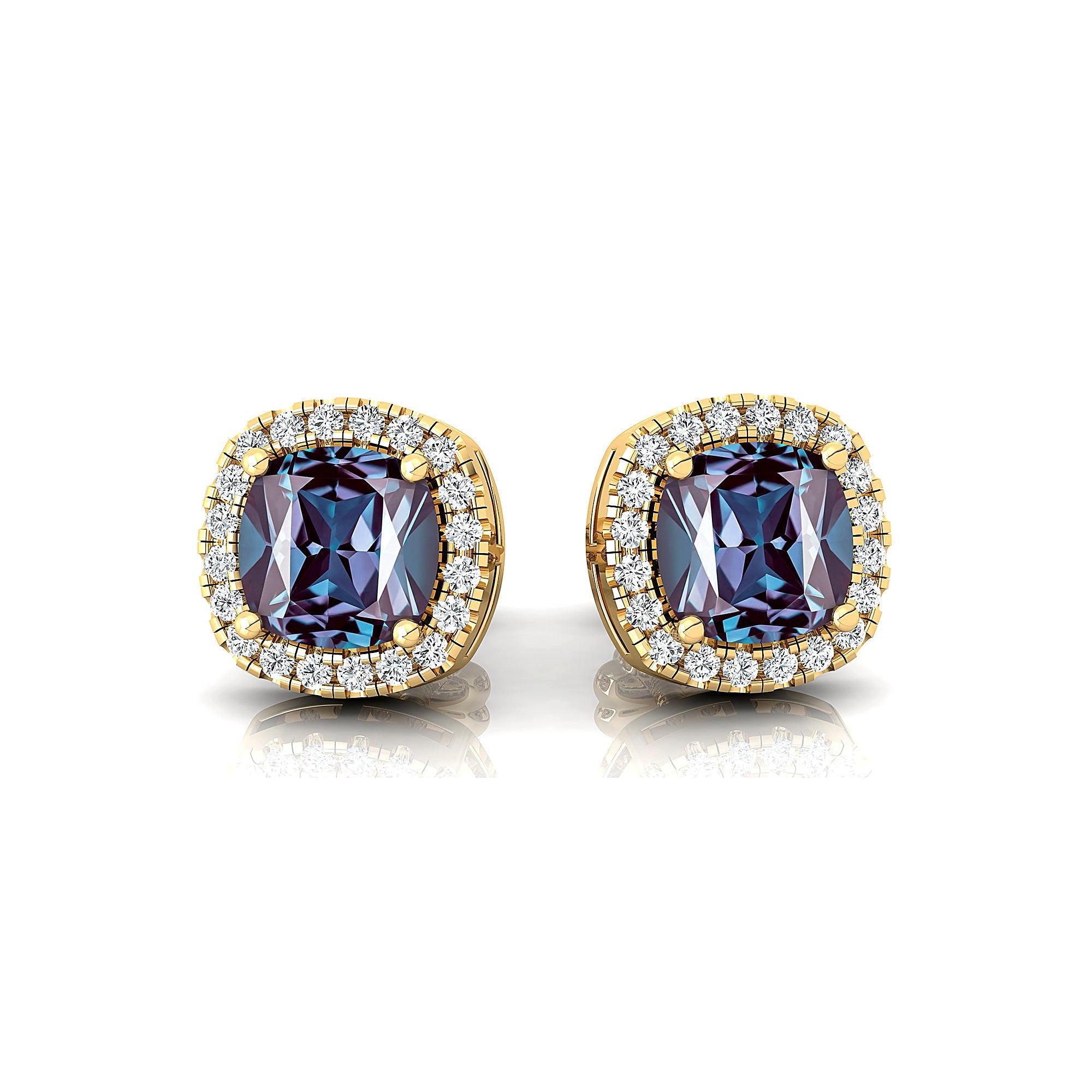 Cushion Cut Alexandrite Halo Diamond Stud Earrings - GeumJewels