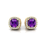 Cushion Cut Amethyst Halo Diamond Stud Earrings - GeumJewels