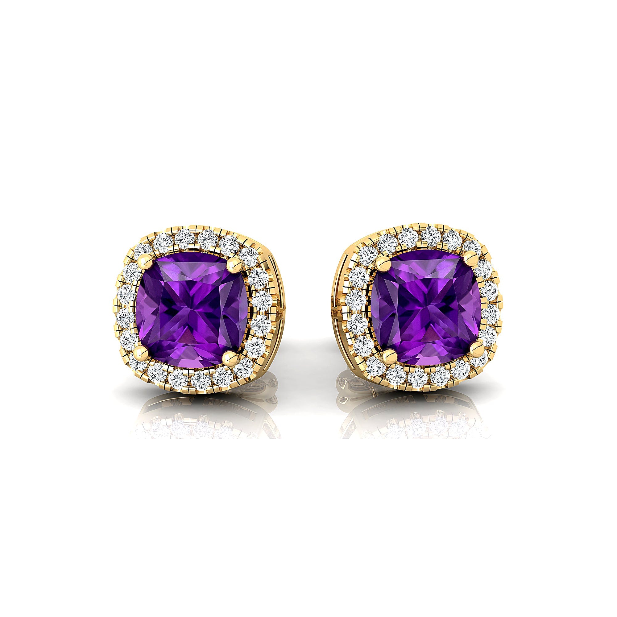 Cushion Cut Amethyst Halo Diamond Stud Earrings - GeumJewels