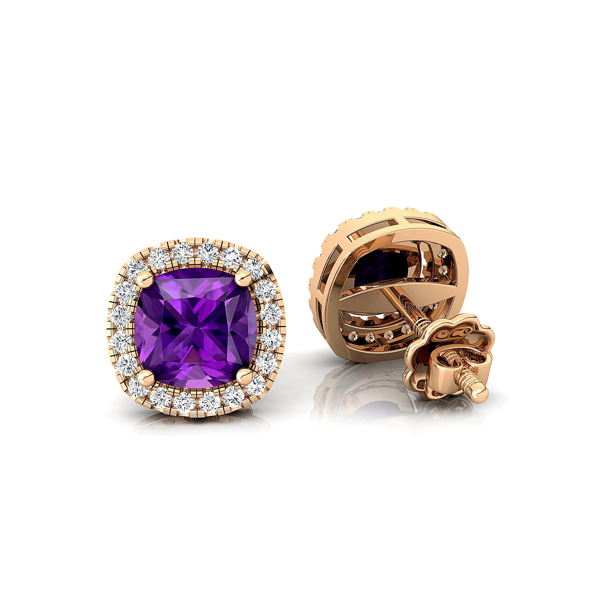 Cushion Cut Amethyst Halo Diamond Stud Earrings - GeumJewels