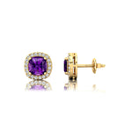 Cushion Cut Amethyst Halo Diamond Stud Earrings - GeumJewels