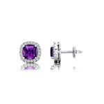 Cushion Cut Amethyst Halo Diamond Stud Earrings - GeumJewels