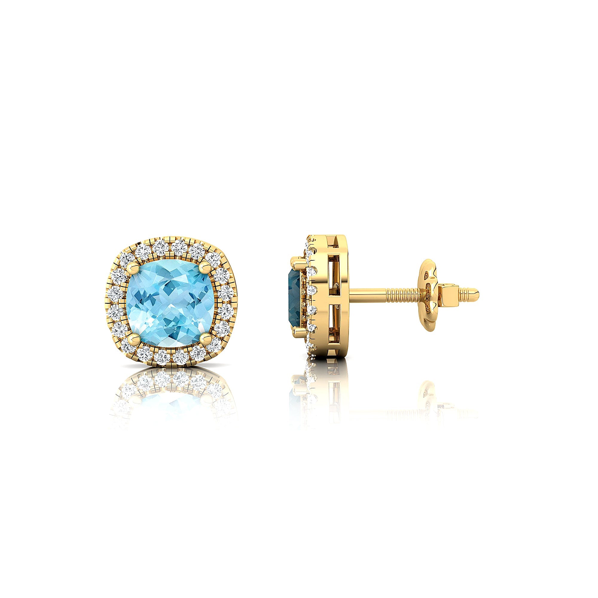 Cushion Cut Aquamarine Halo Diamond Stud Earrings - GeumJewels