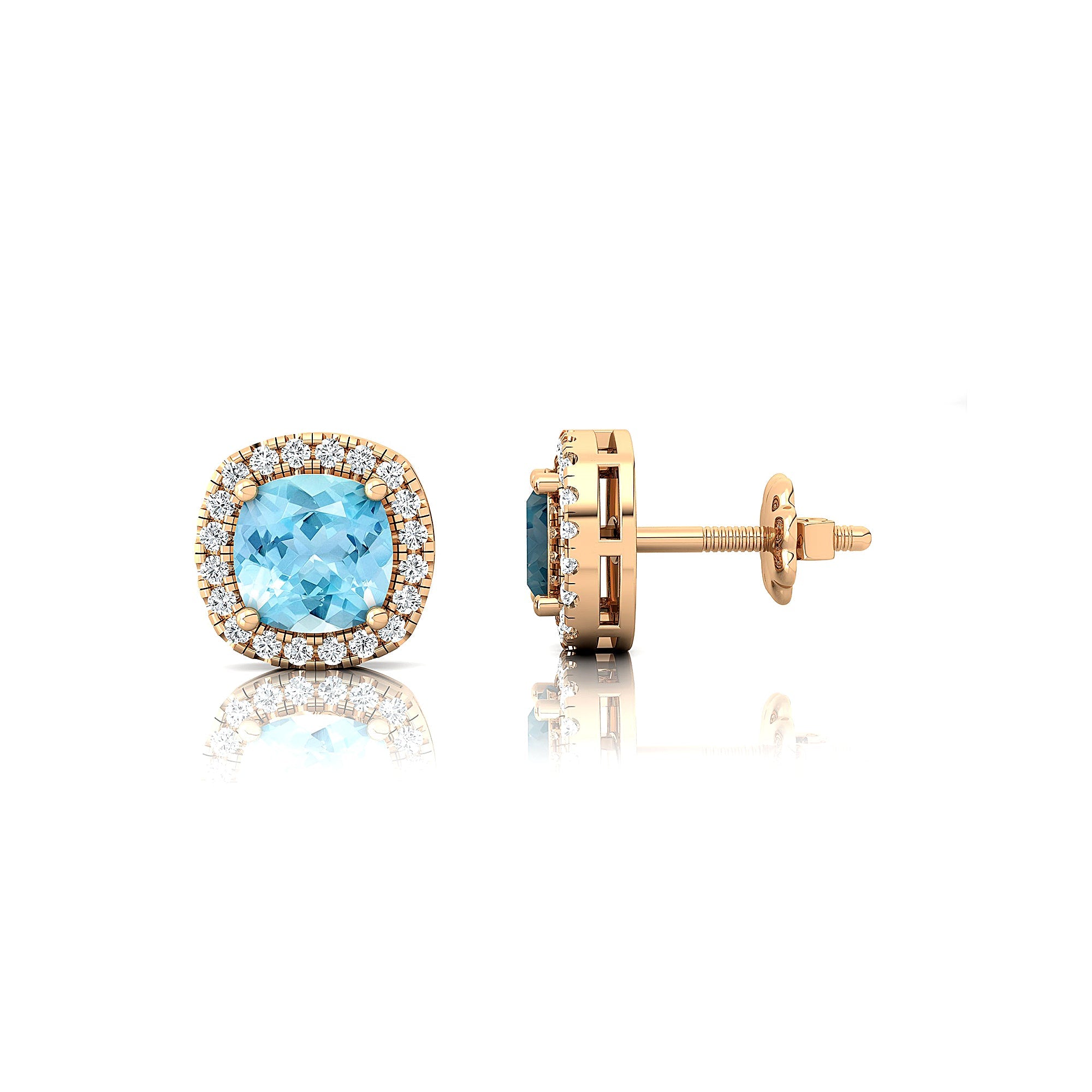 Cushion Cut Aquamarine Halo Diamond Stud Earrings - GeumJewels