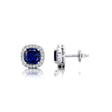 Cushion Cut Blue Sapphire Halo Diamond Stud Earrings - GeumJewels