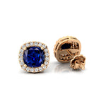 Cushion Cut Blue Sapphire Halo Diamond Stud Earrings - GeumJewels