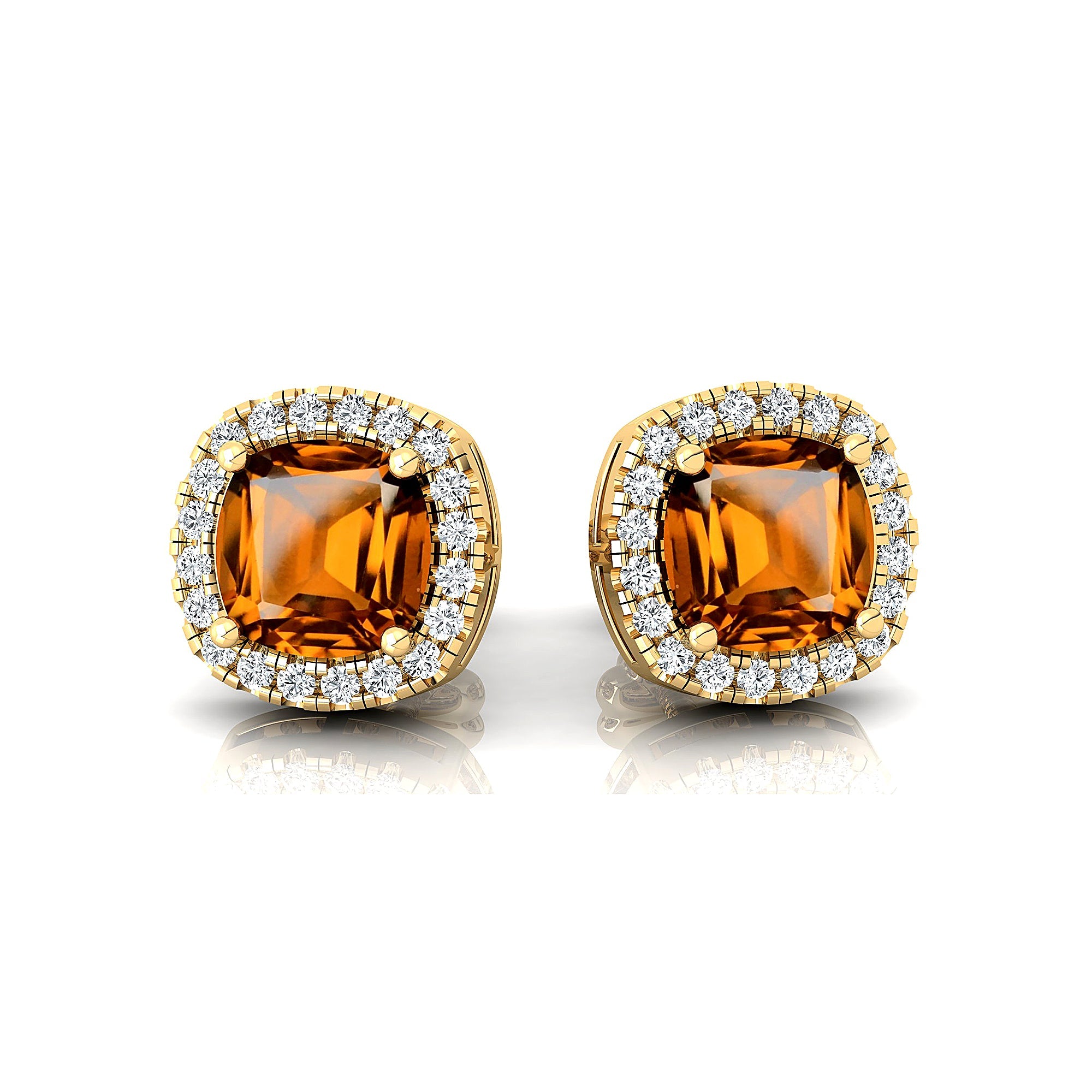 Cushion Cut Citrine Halo Diamond Stud Earrings - GeumJewels