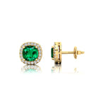 Cushion Cut Emerald Halo Diamond Stud Earrings - GeumJewels
