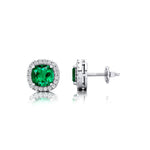 Cushion Cut Emerald Halo Diamond Stud Earrings - GeumJewels
