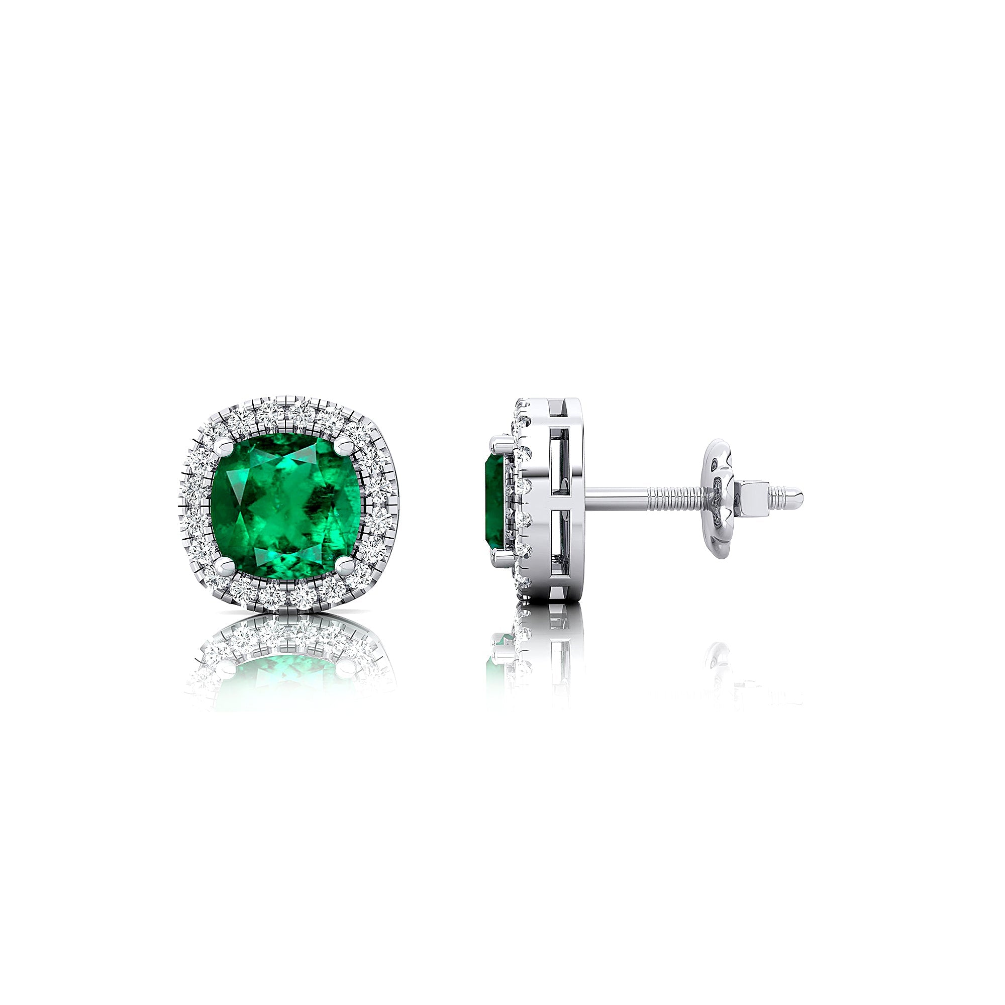 Cushion Cut Emerald Halo Diamond Stud Earrings - GeumJewels