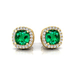 Cushion Cut Emerald Halo Diamond Stud Earrings - GeumJewels