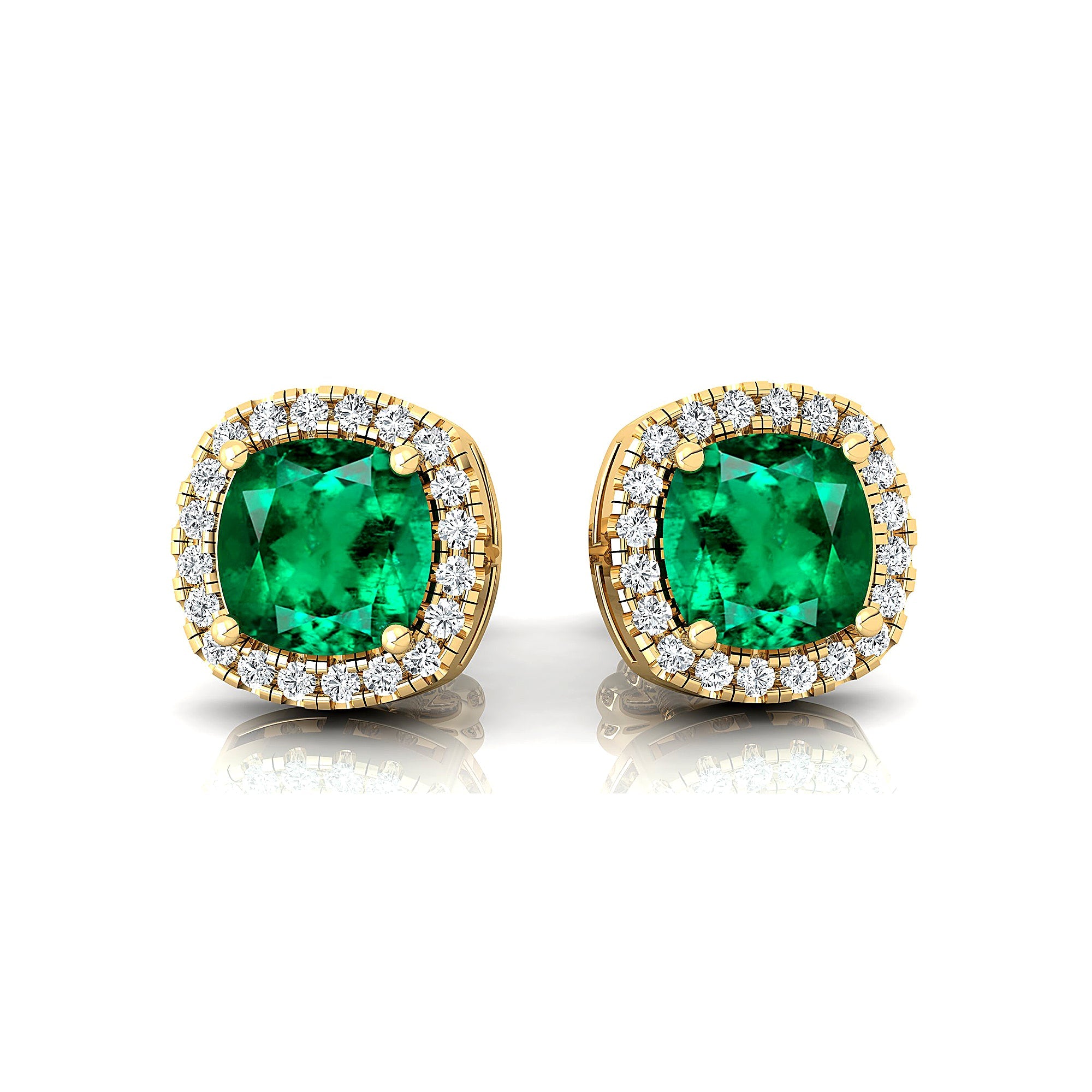 Cushion Cut Emerald Halo Diamond Stud Earrings - GeumJewels