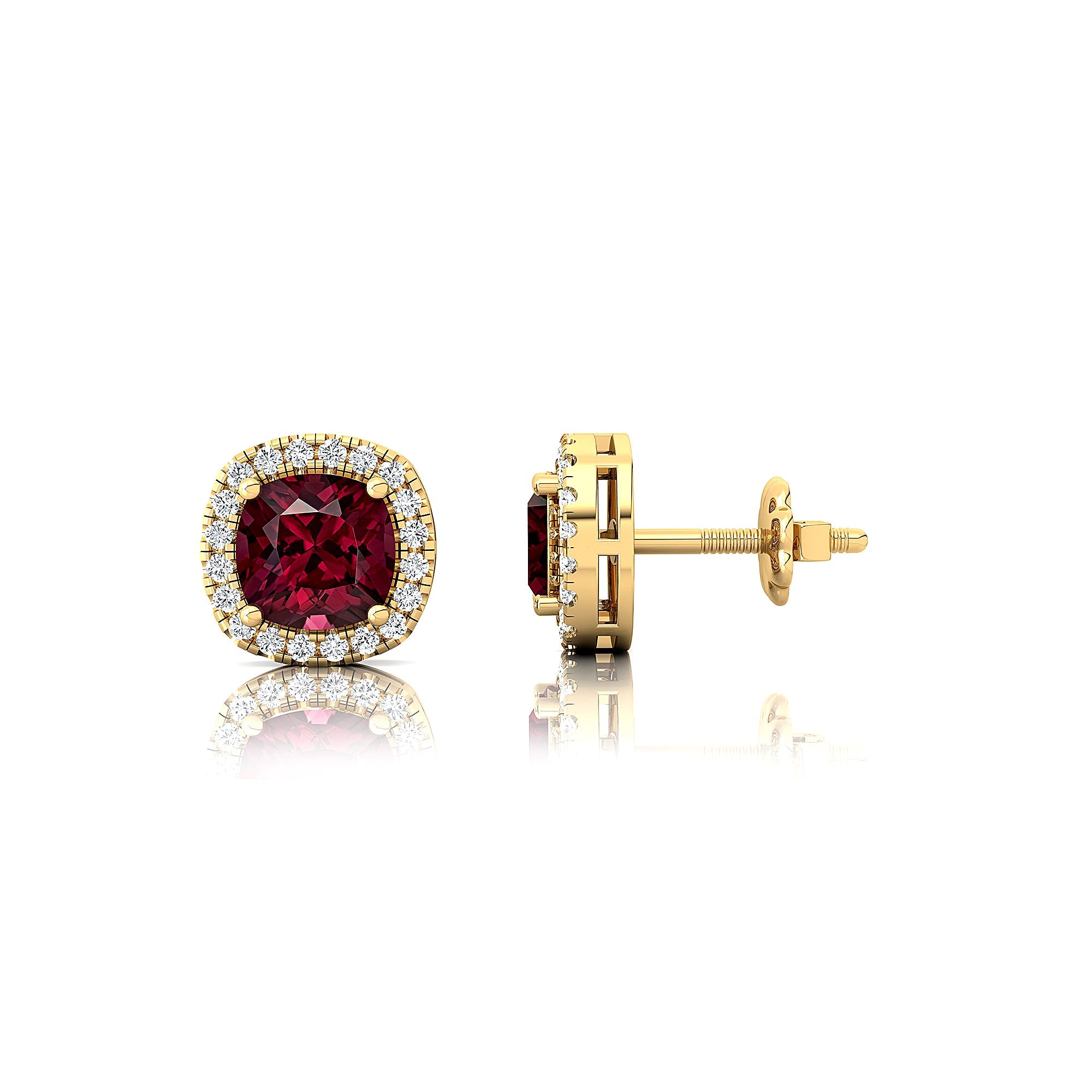 Cushion Cut Garnet Halo Diamond Stud Earrings - GeumJewels
