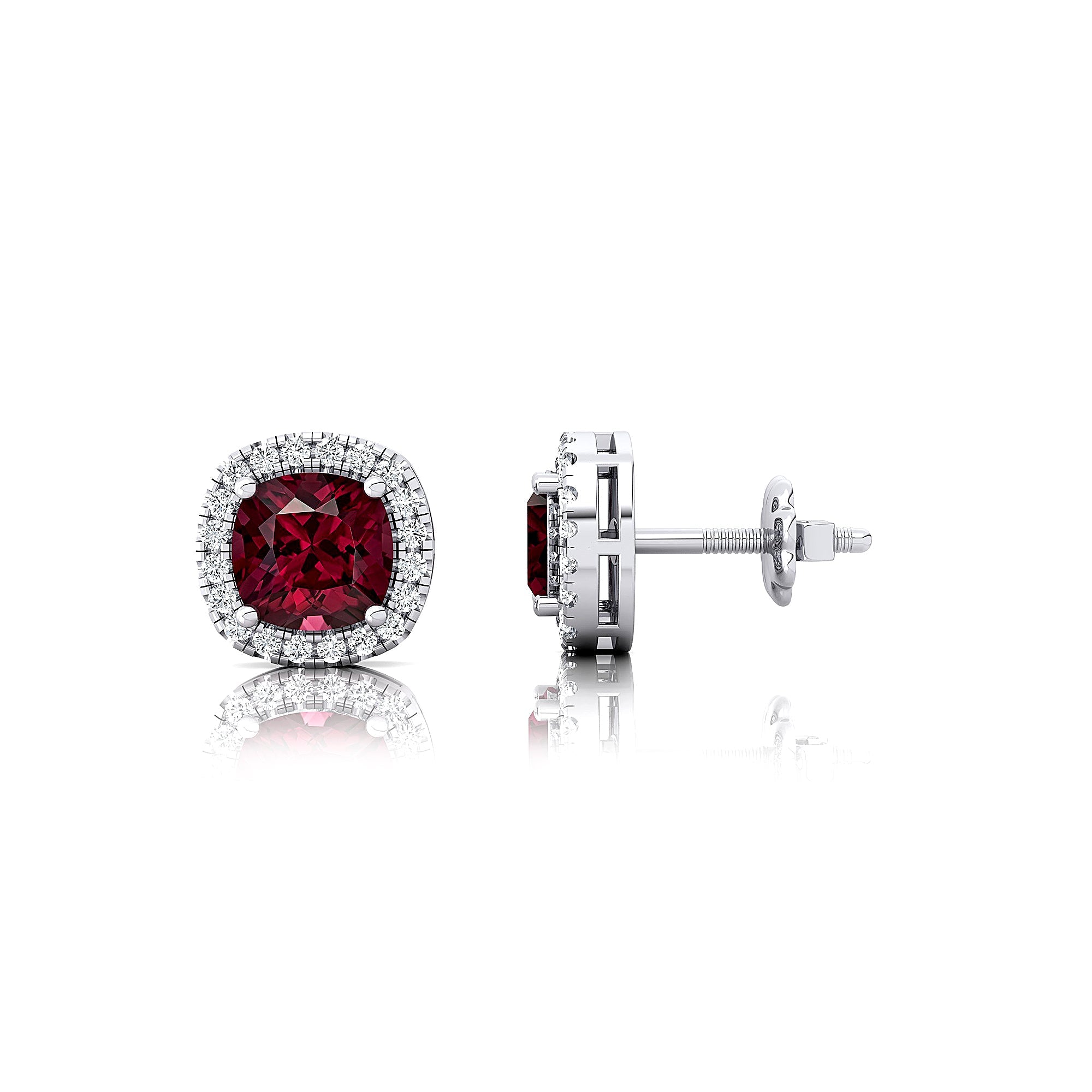 Cushion Cut Garnet Halo Diamond Stud Earrings - GeumJewels
