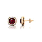 Cushion Cut Garnet Halo Diamond Stud Earrings - GeumJewels